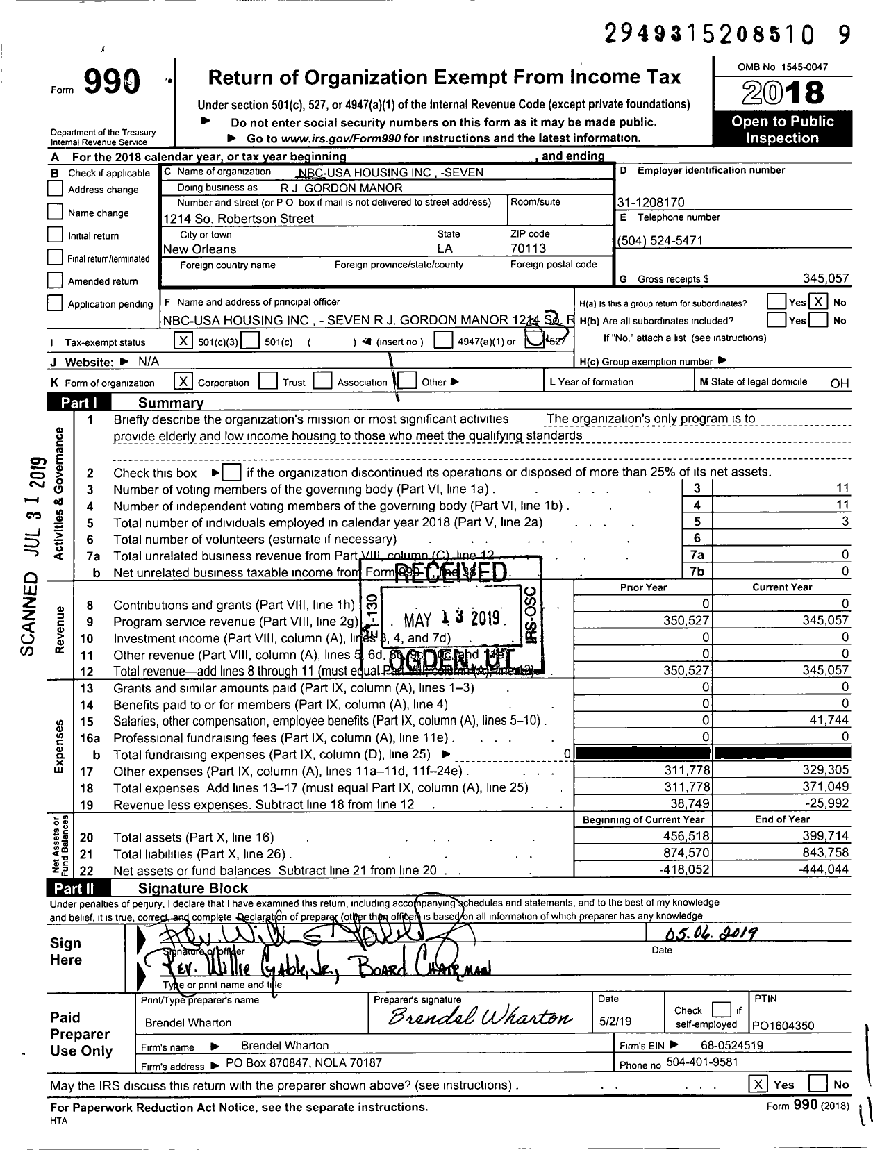 Image of first page of 2018 Form 990 for Nbc-Usa Housing Seven