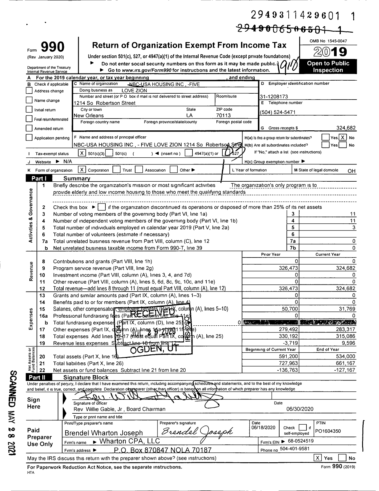 Image of first page of 2019 Form 990 for Nbc-Usa Housing Five