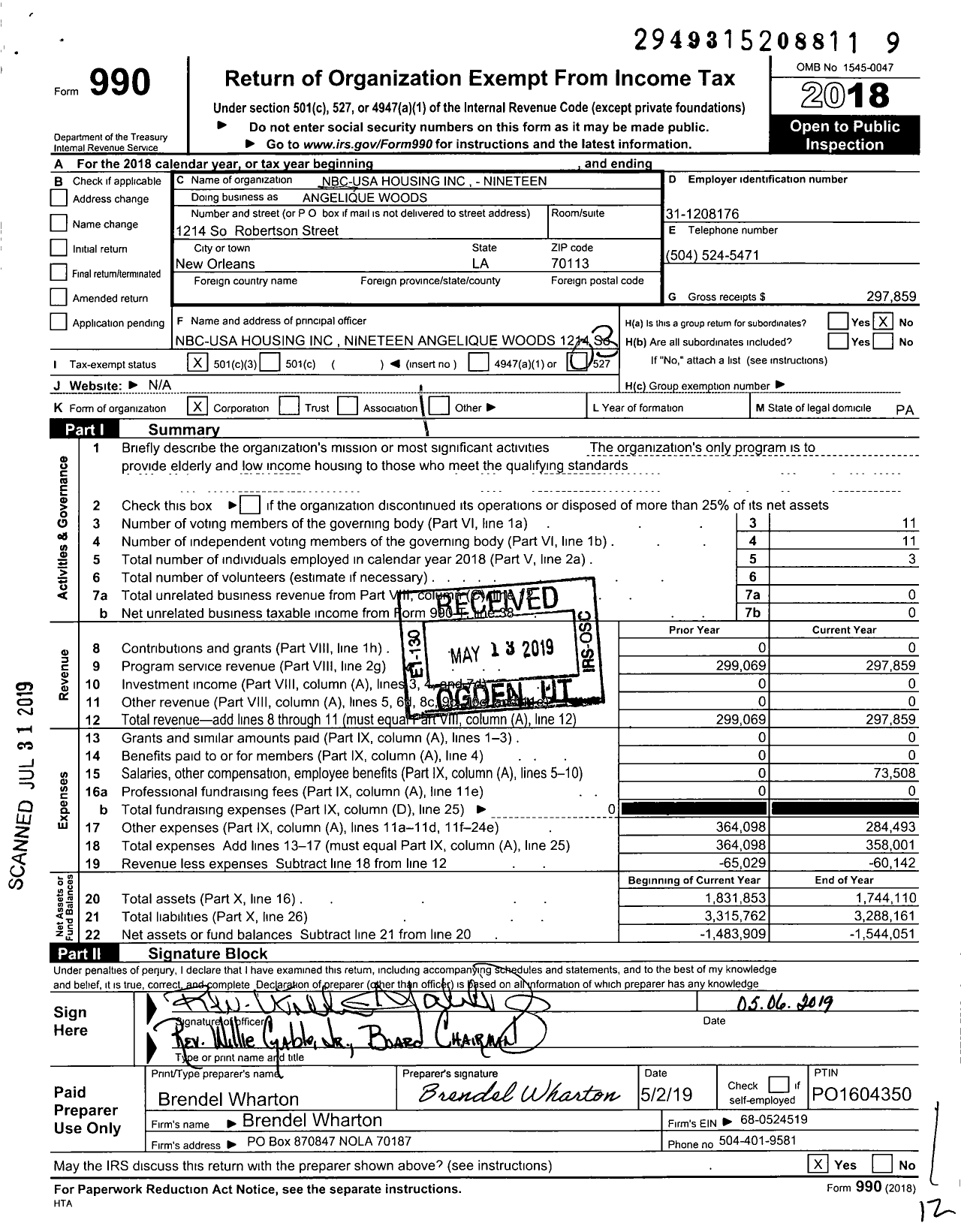 Image of first page of 2018 Form 990 for Nbc-Usa Housing - Nineteen
