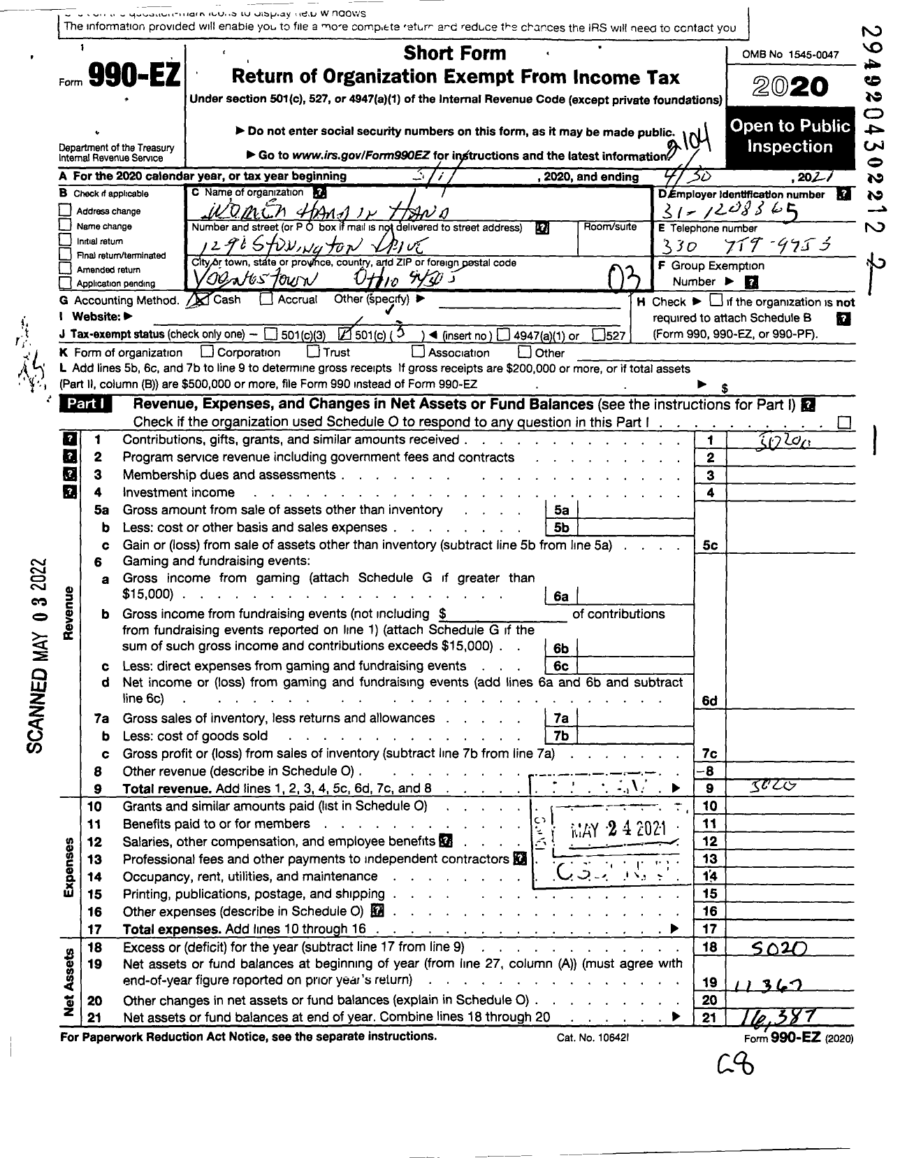 Image of first page of 2020 Form 990EZ for Women Hand in Hand