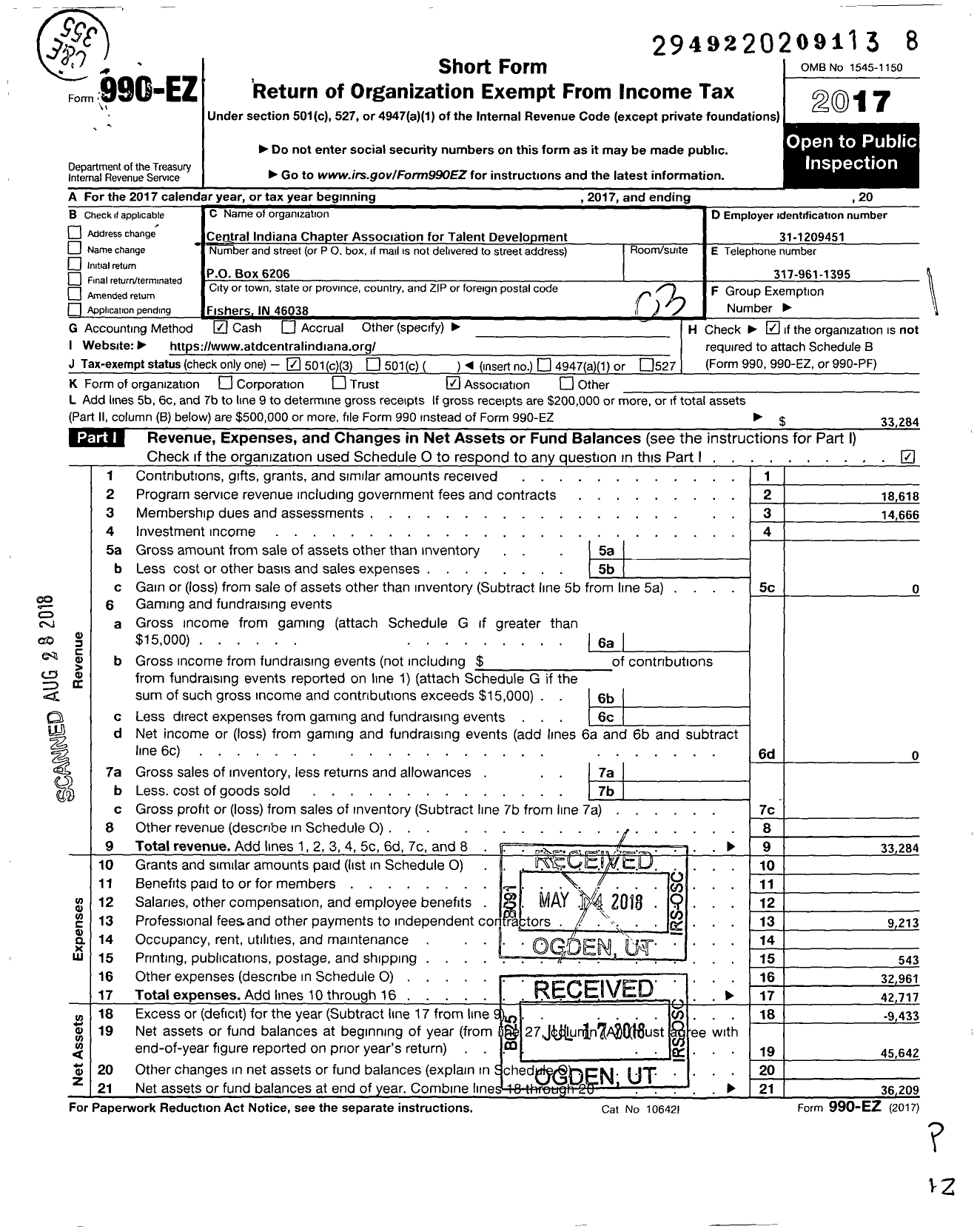 Image of first page of 2017 Form 990EZ for Association for Talent Development Central Indiana Chapter