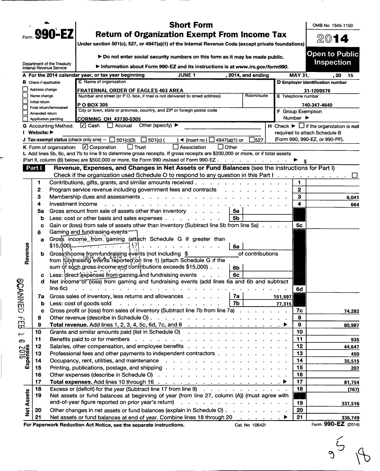 Image of first page of 2014 Form 990EO for Fraternal Order of Eagles - 463 Aerie