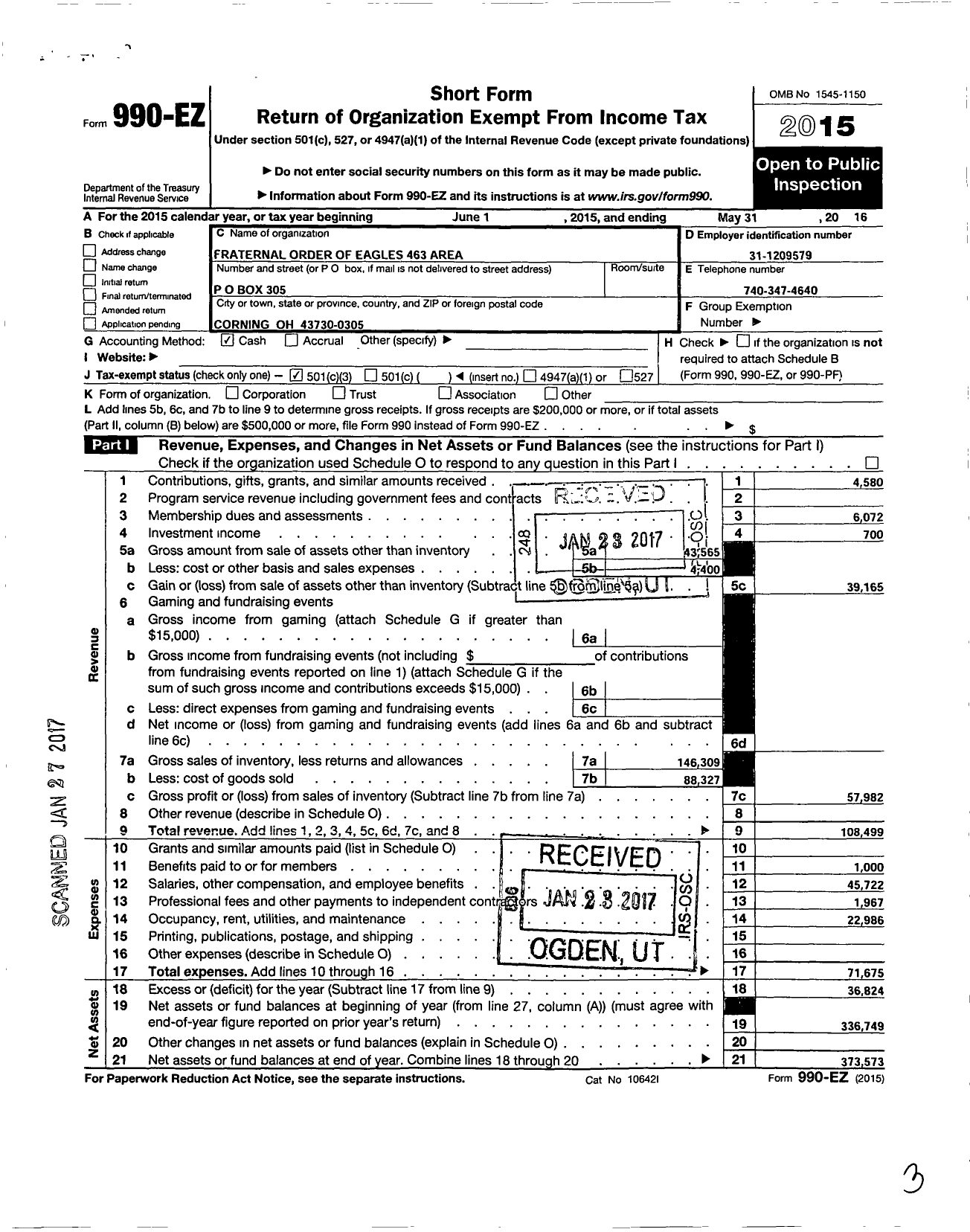 Image of first page of 2015 Form 990EZ for Fraternal Order of Eagles - 463 Aerie