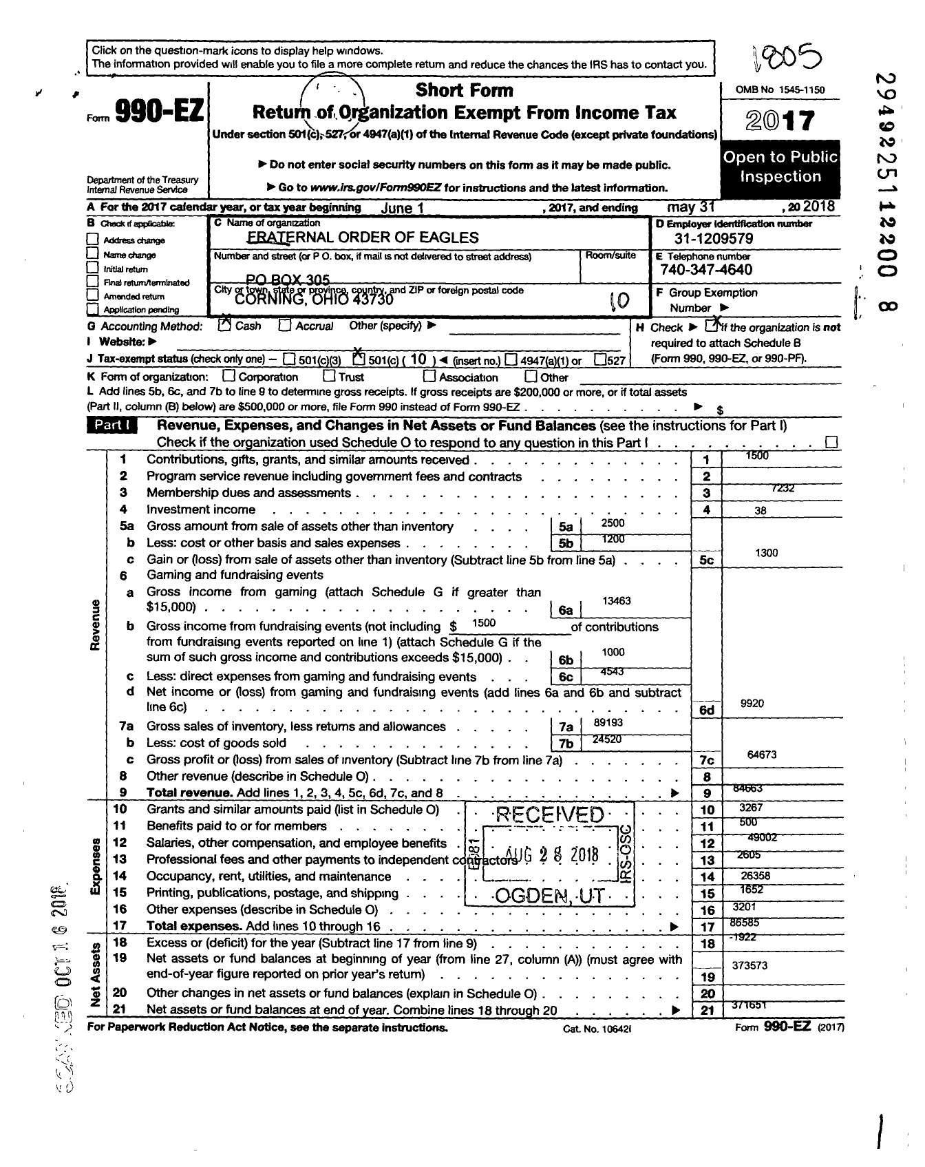 Image of first page of 2017 Form 990EO for Fraternal Order of Eagles - 463 Aerie