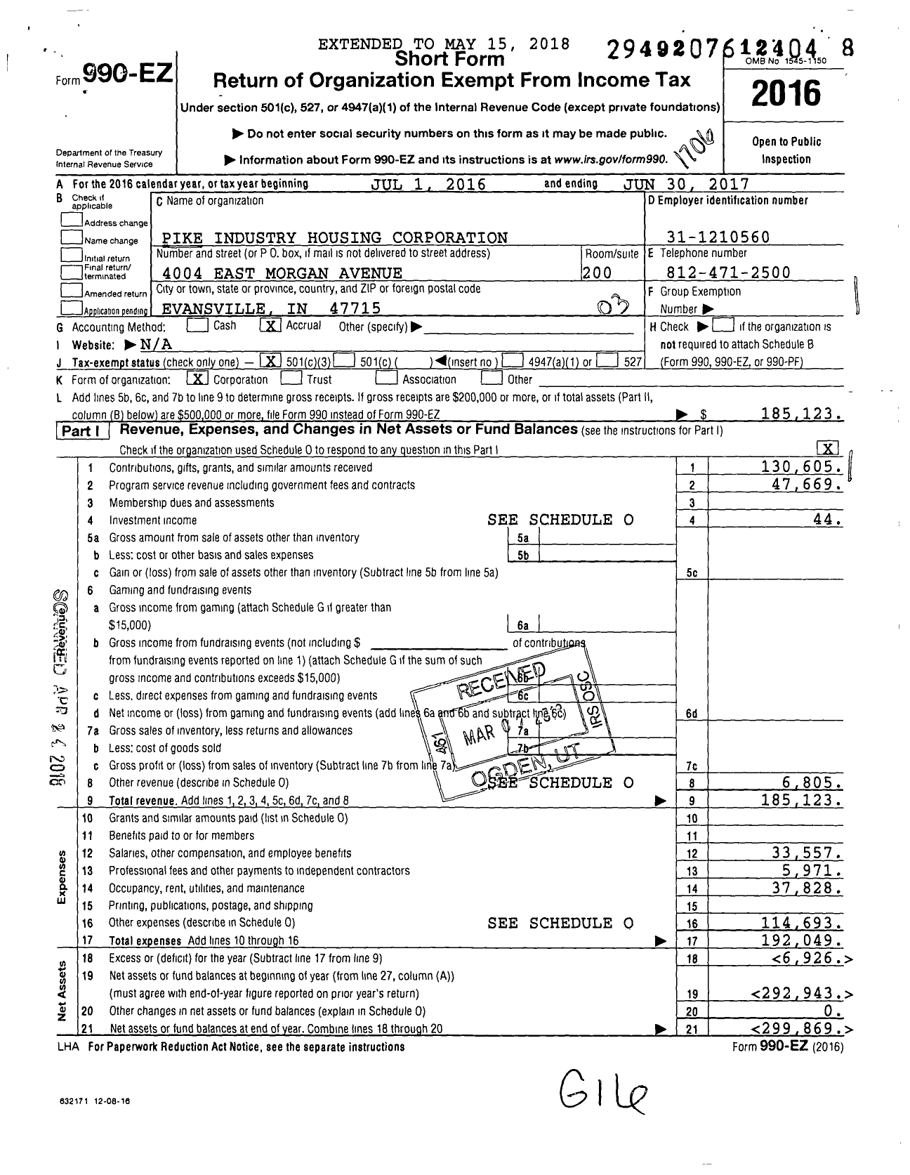 Image of first page of 2016 Form 990EZ for Pike Industry Housing Corporation