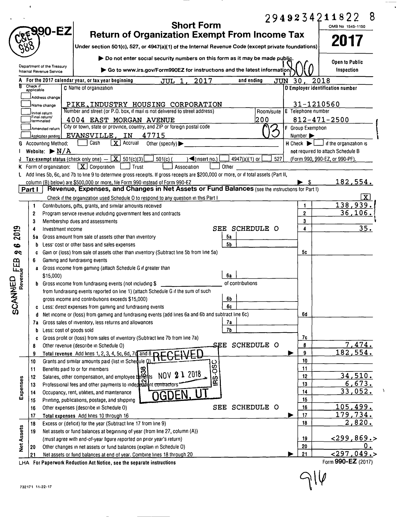 Image of first page of 2017 Form 990EZ for Pike Industry Housing Corporation