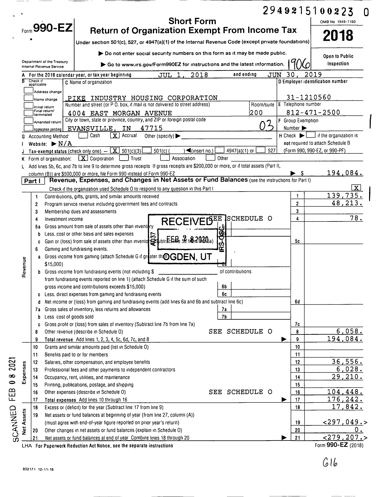 Image of first page of 2018 Form 990EZ for Pike Industry Housing Corporation