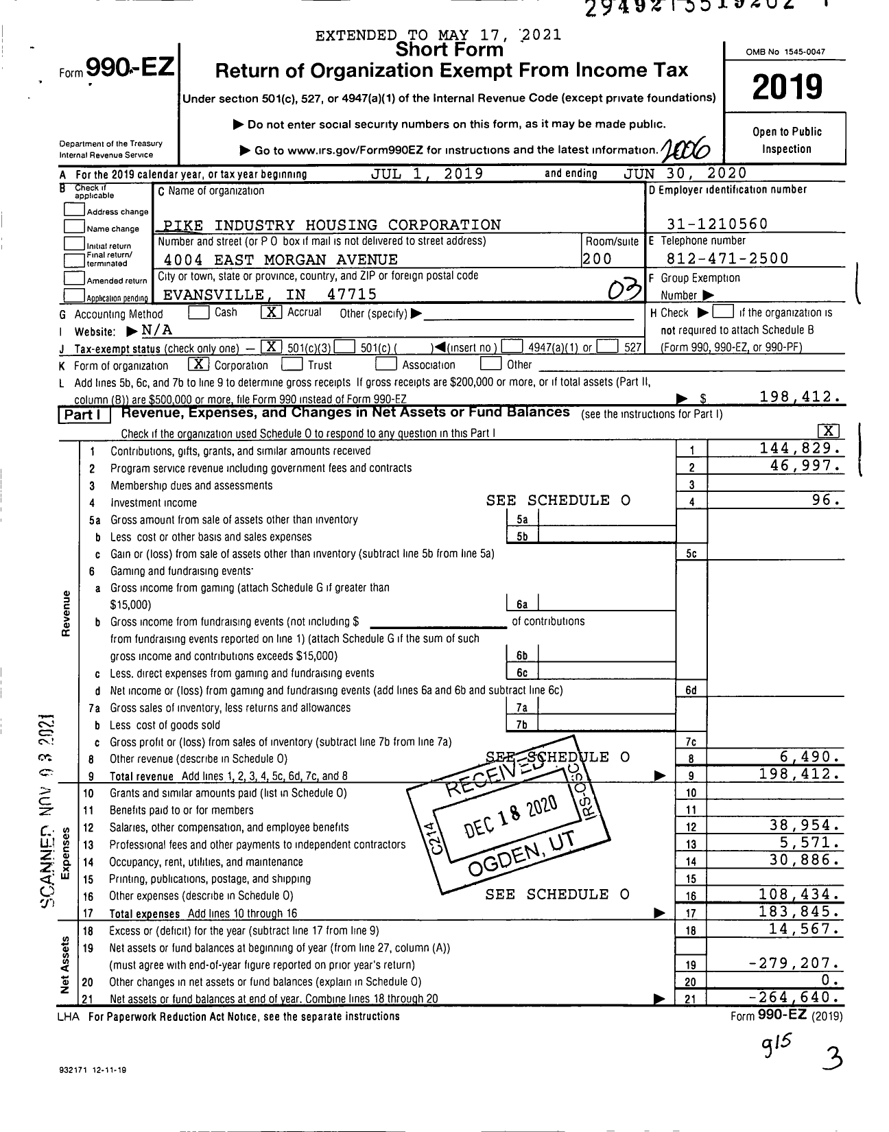 Image of first page of 2019 Form 990EZ for Pike Industry Housing Corporation