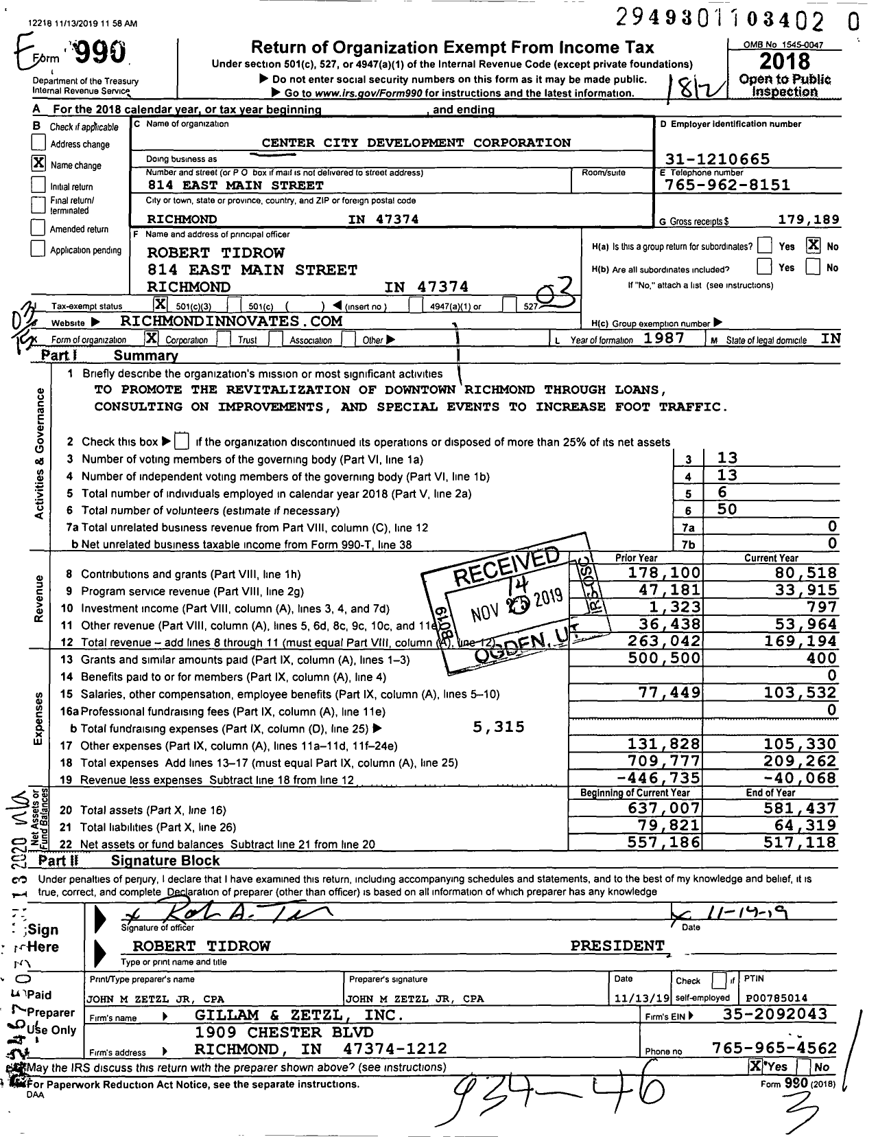 Image of first page of 2018 Form 990 for Center City Development Corporation