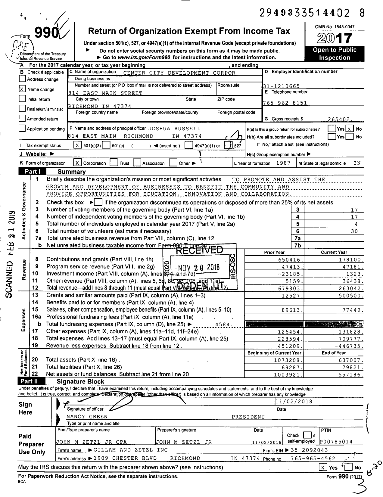 Image of first page of 2017 Form 990 for Center City Development Corporation