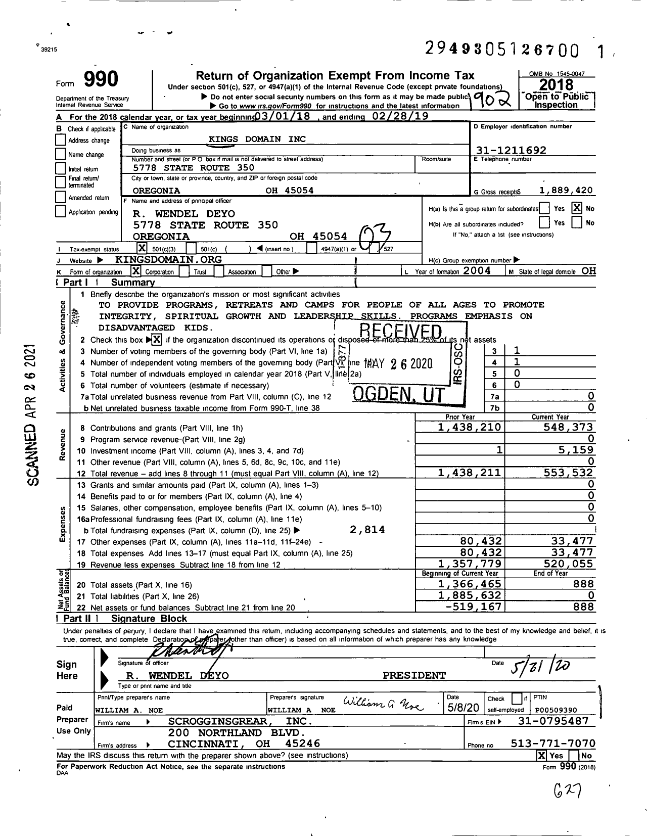 Image of first page of 2018 Form 990 for Kings Domain