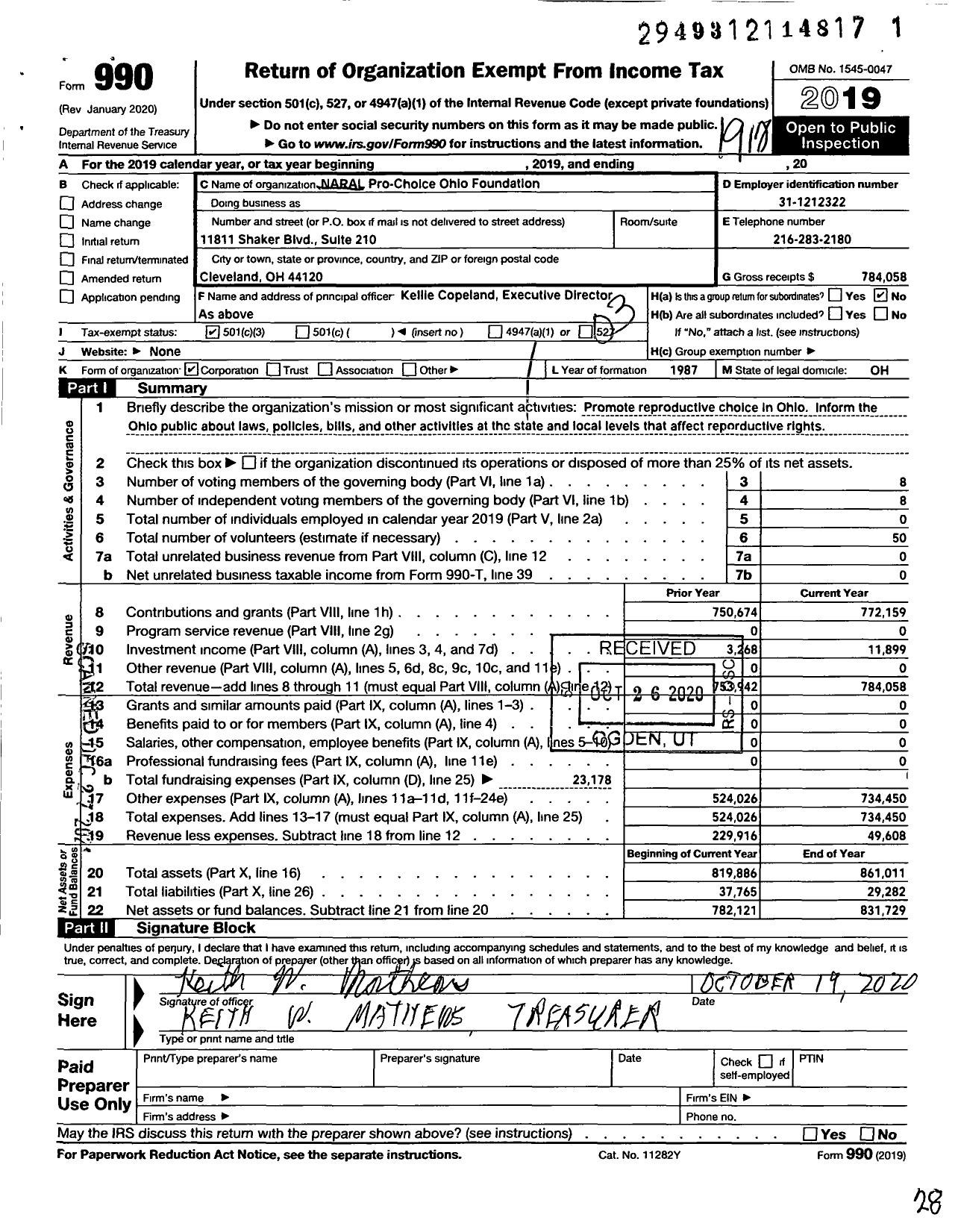 Image of first page of 2019 Form 990 for NARAL Pro-Choice Ohio Foundation