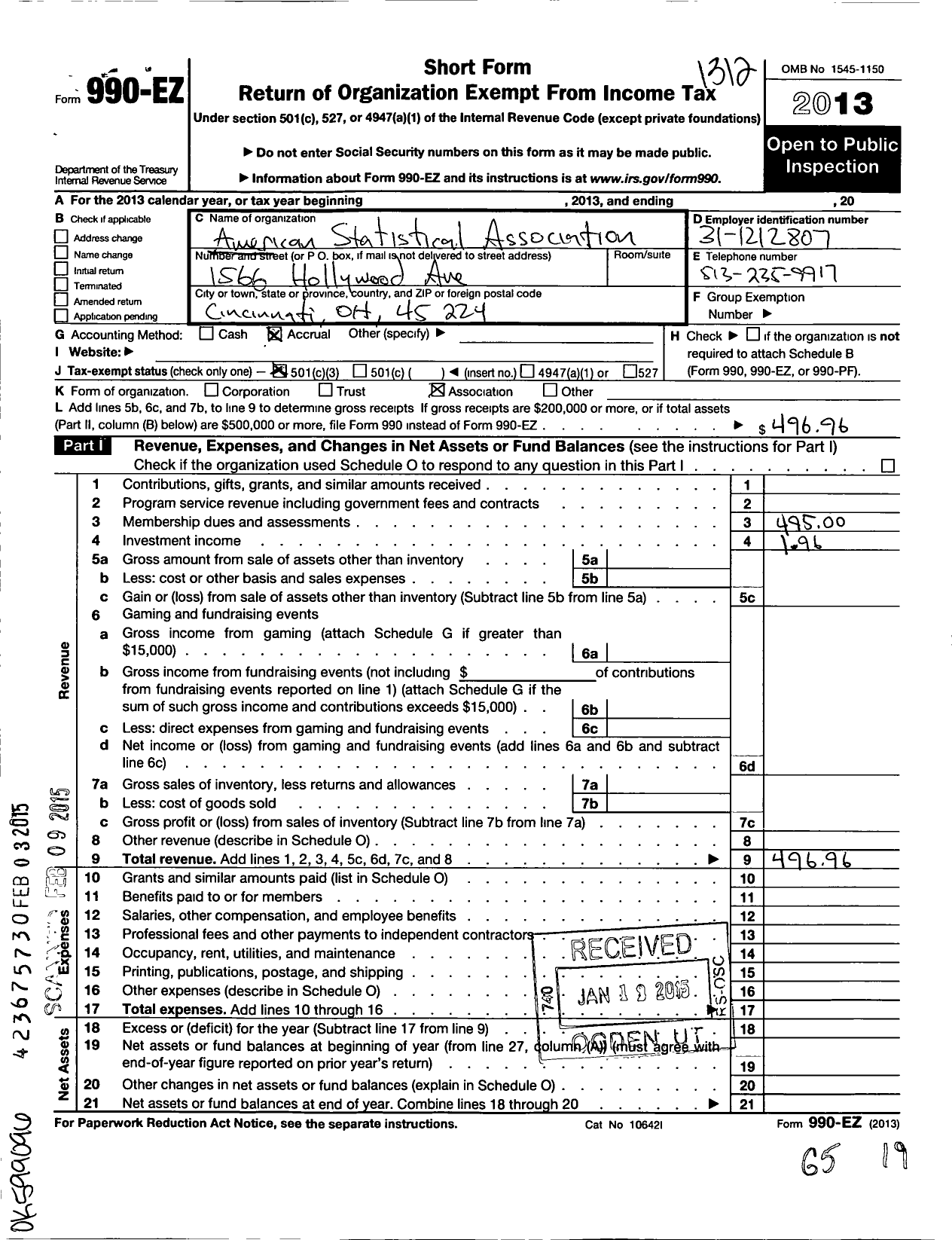 Image of first page of 2013 Form 990EZ for American Statistical Association / Cincinnati Chapter