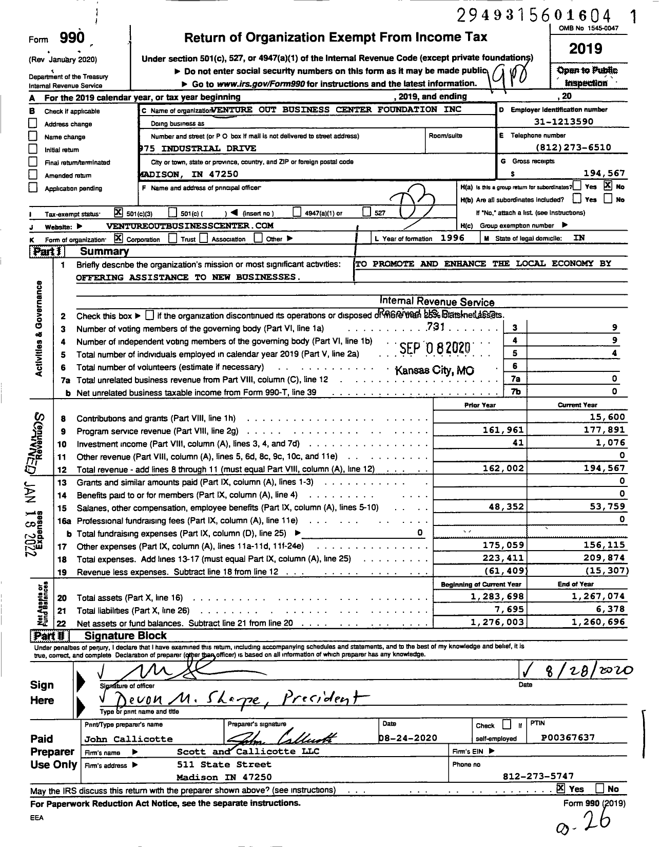 Image of first page of 2019 Form 990 for Venture Out Business Center Foundation