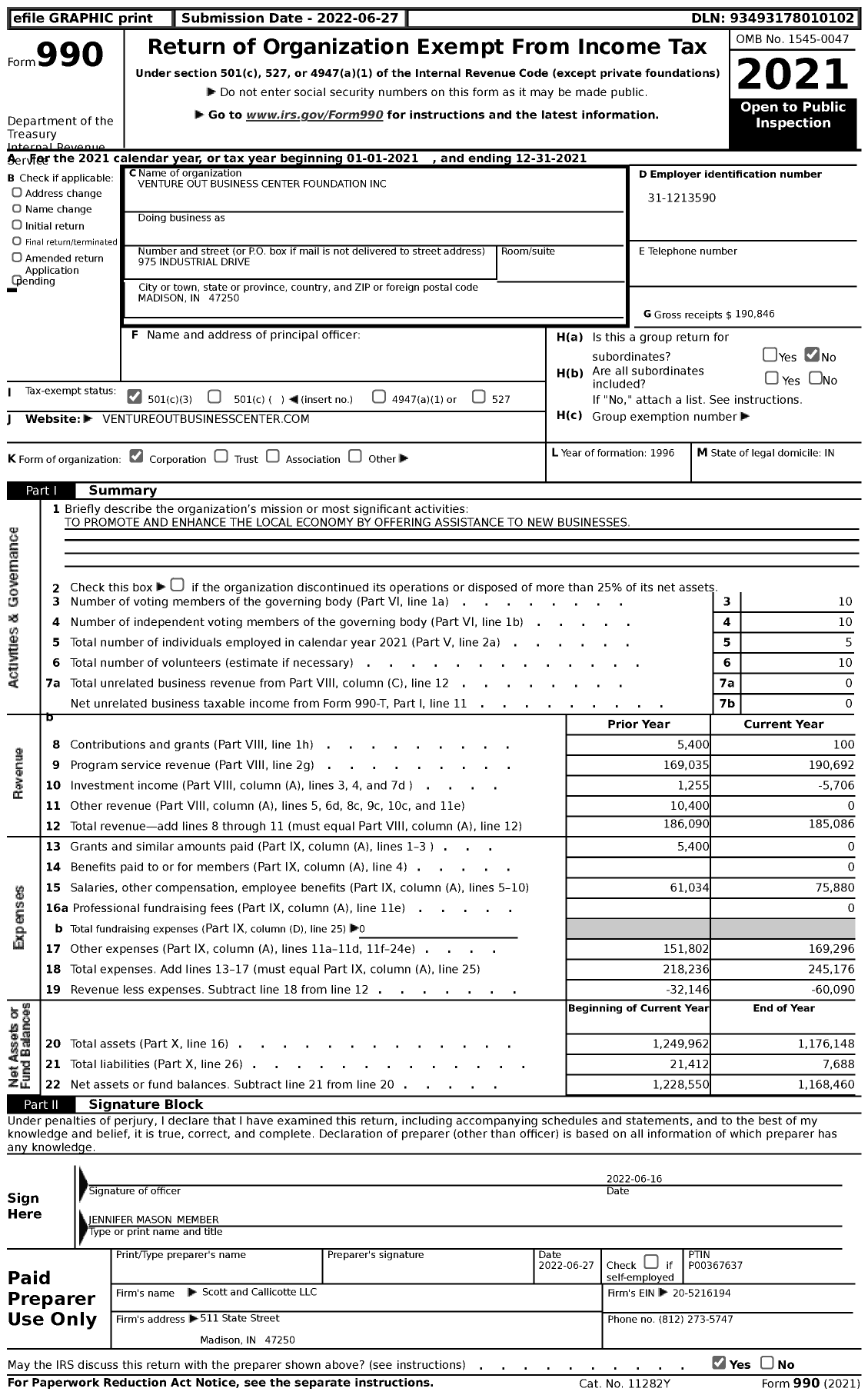 Image of first page of 2021 Form 990 for Venture Out Business Center Foundation