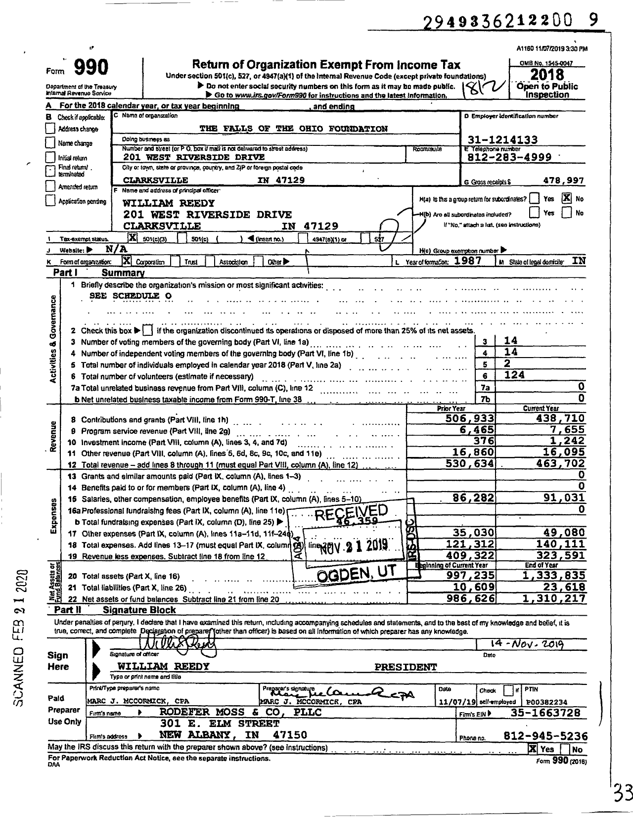 Image of first page of 2018 Form 990 for The Falls of the Ohio Foundation