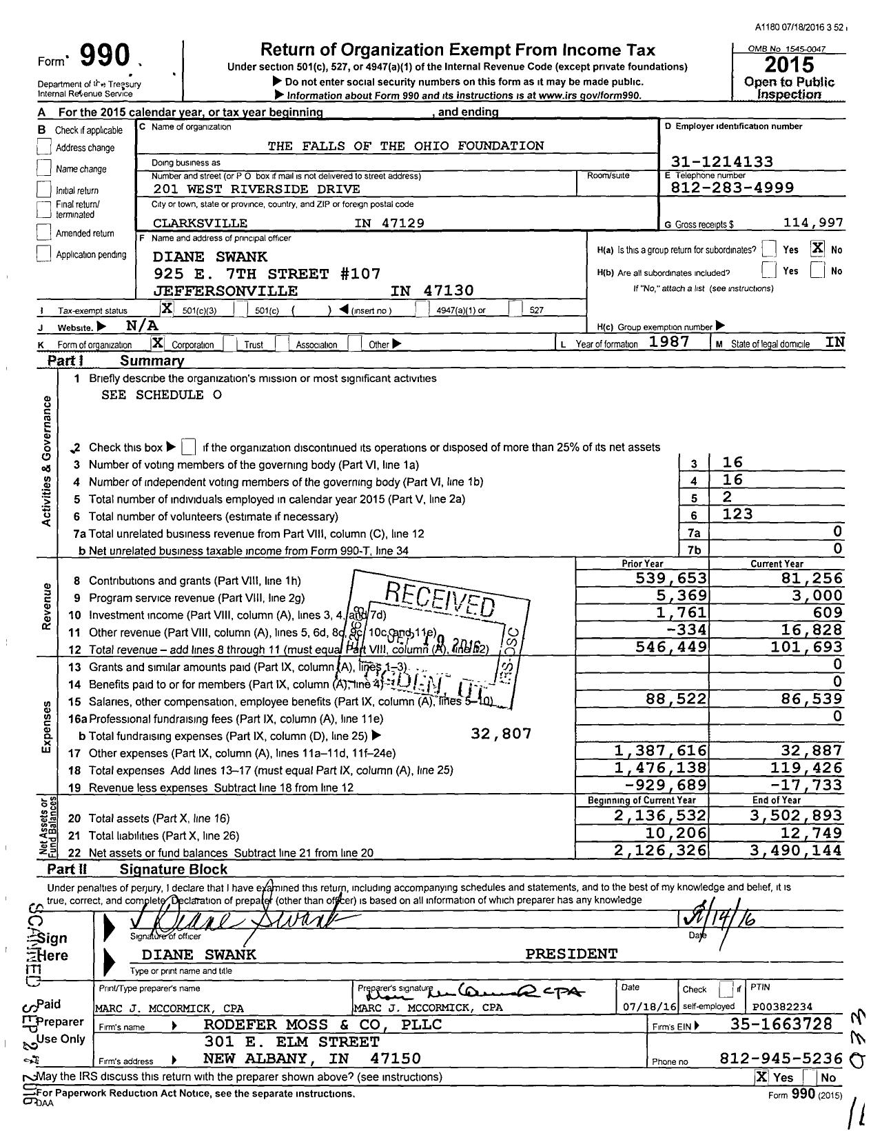 Image of first page of 2015 Form 990 for The Falls of the Ohio Foundation