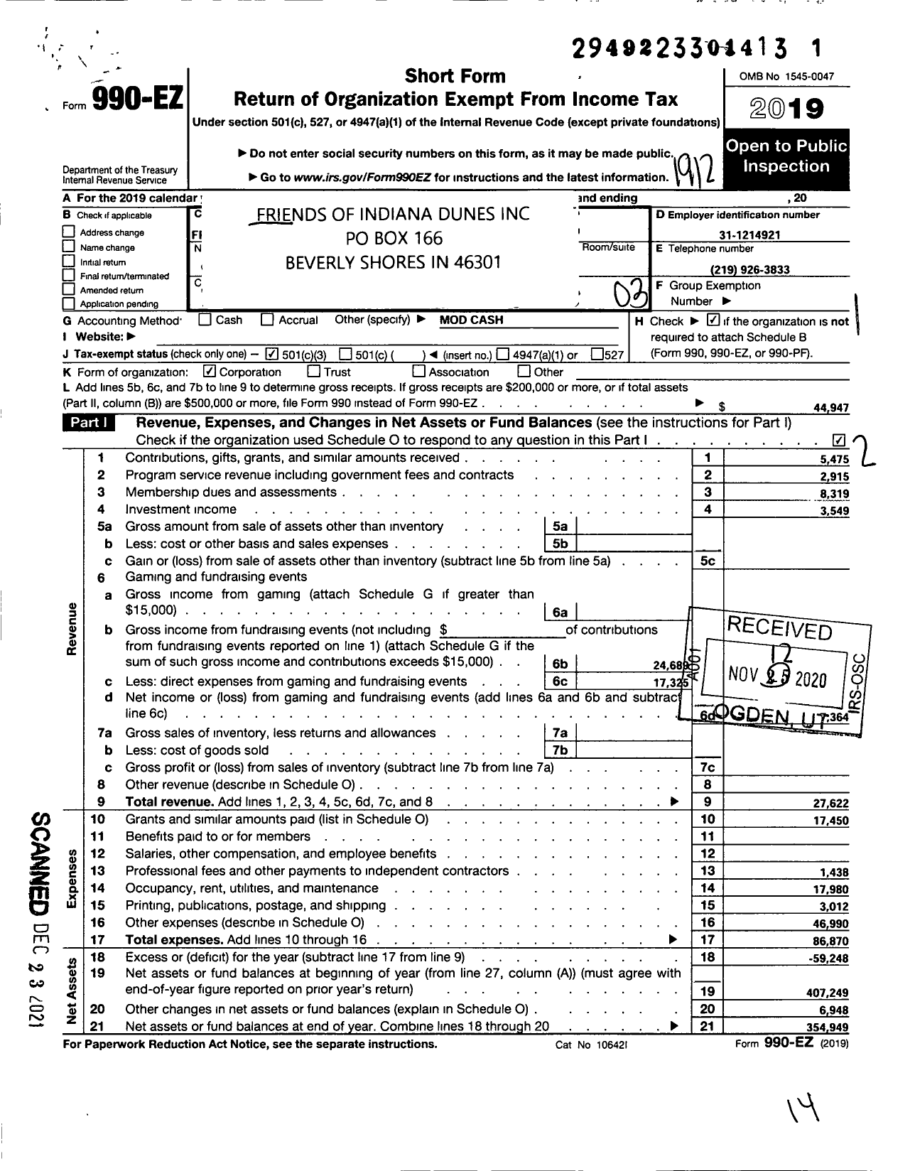 Image of first page of 2019 Form 990EZ for Friends of Indiana Dunes