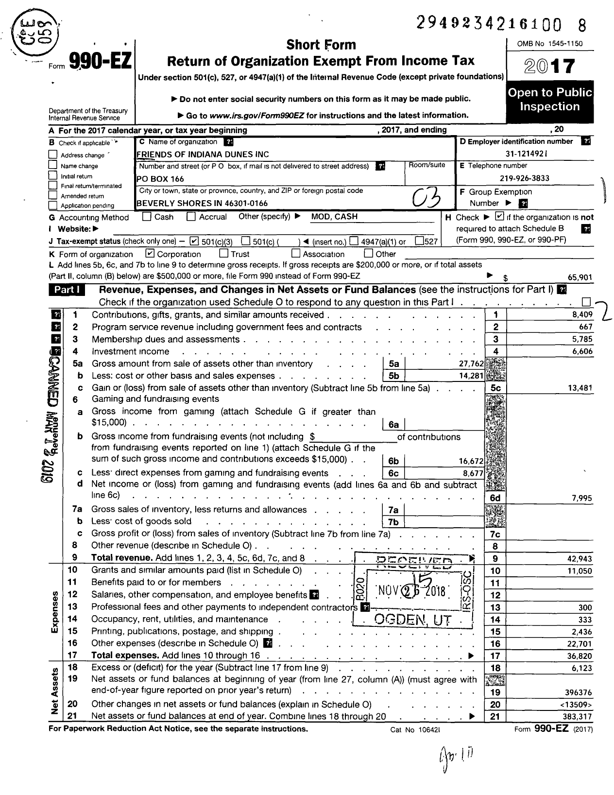 Image of first page of 2017 Form 990EZ for Friends of Indiana Dunes