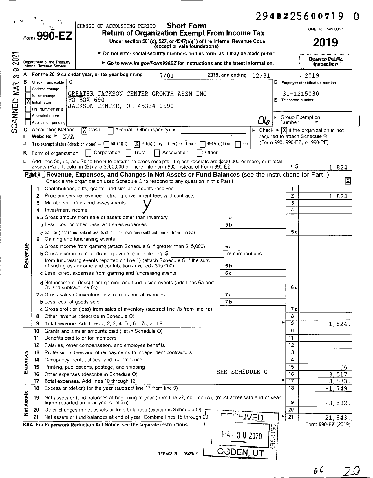 Image of first page of 2019 Form 990EO for Greater Jackson Center Area Growth Association