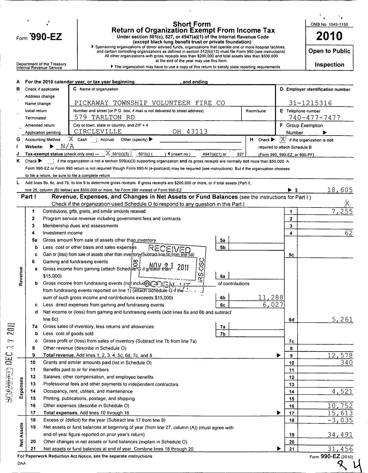 Image of first page of 2010 Form 990EZ for Pickaway Township Volunteer Fire