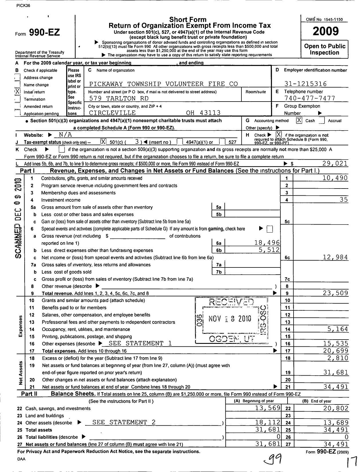 Image of first page of 2009 Form 990EZ for Pickaway Township Volunteer Fire