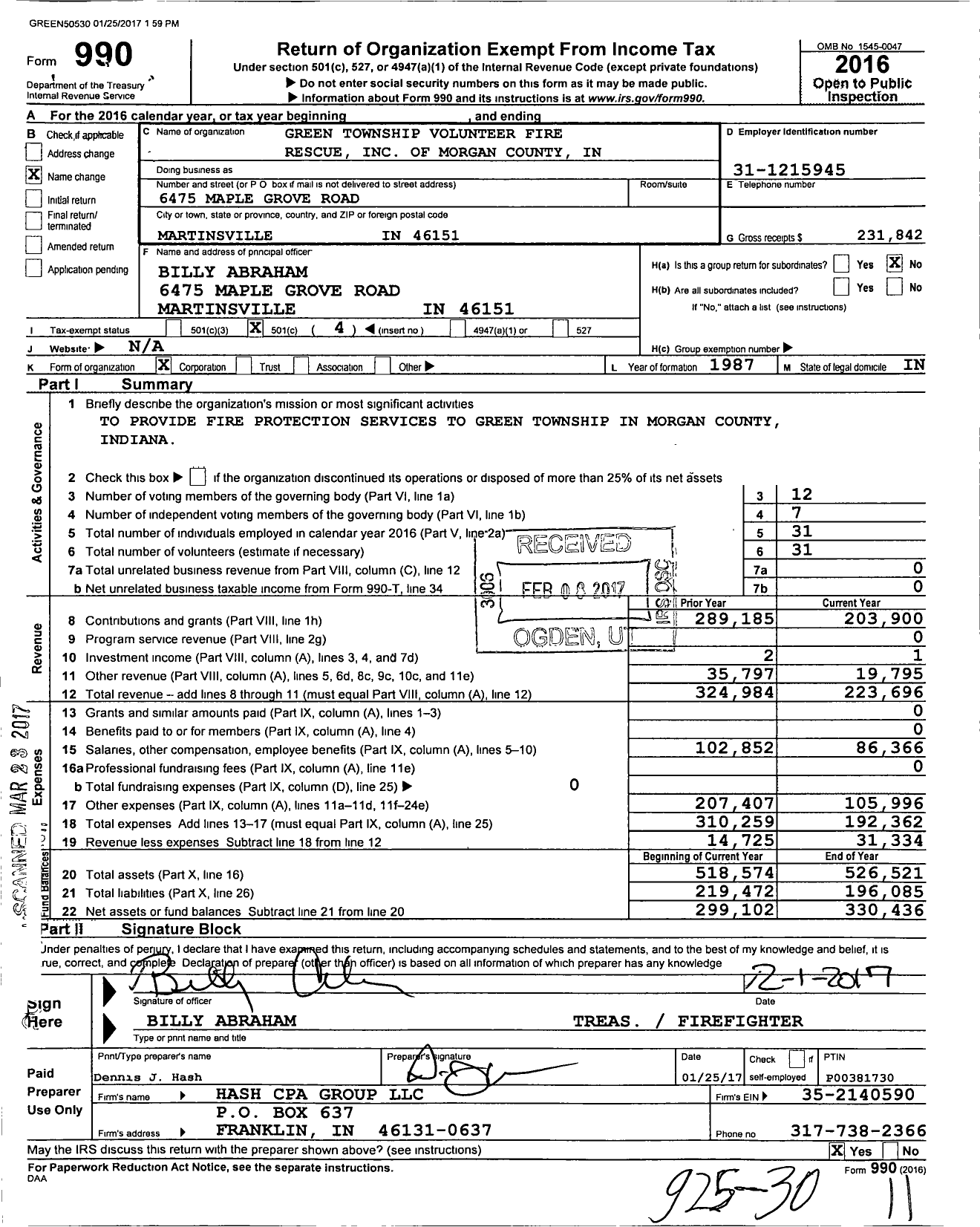 Image of first page of 2016 Form 990O for Green Township Fire and Rescue of Morgan County in