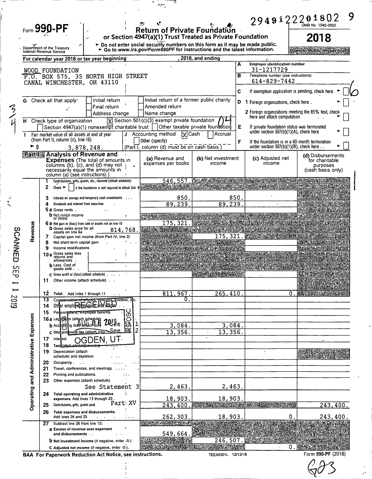 Image of first page of 2018 Form 990PF for Wood Foundation