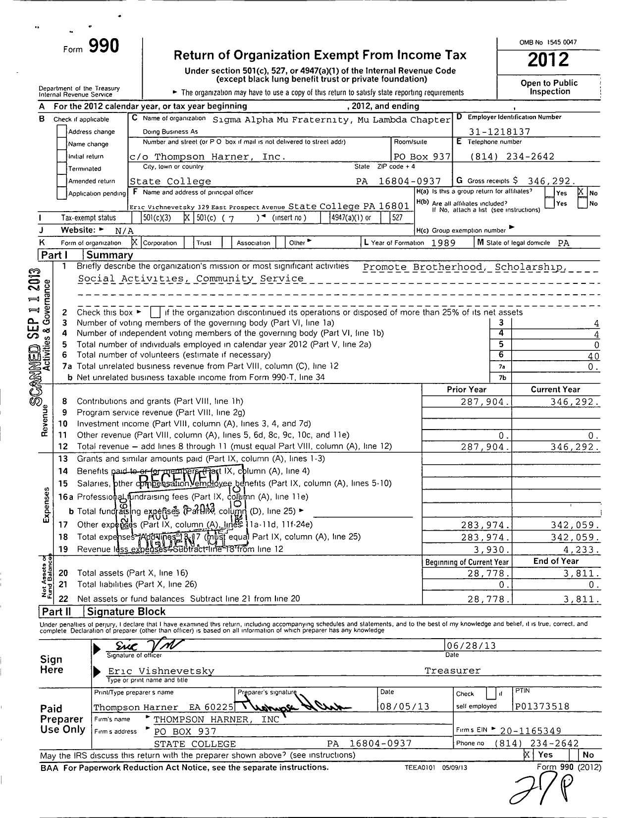 Image of first page of 2012 Form 990O for Sigma Alpha Mu Fraternity Mu Lambda Chapter