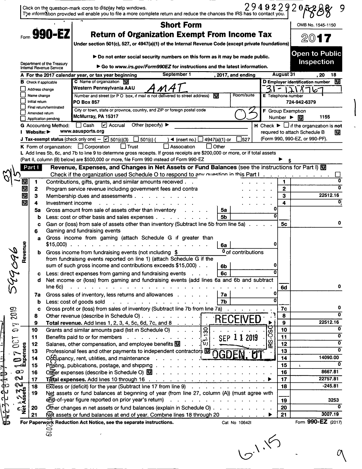 Image of first page of 2017 Form 990EZ for Amateur Athletic Union - Western Pennsylvania Aau