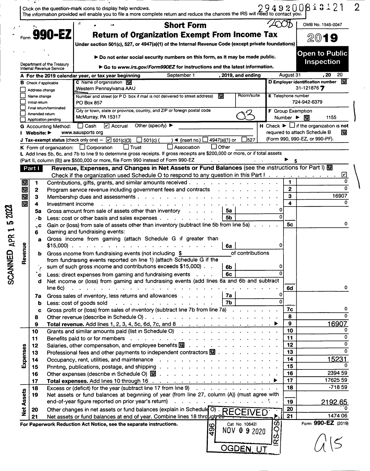 Image of first page of 2019 Form 990EZ for Amateur Athletic Union - Western Pennsylvania Aau