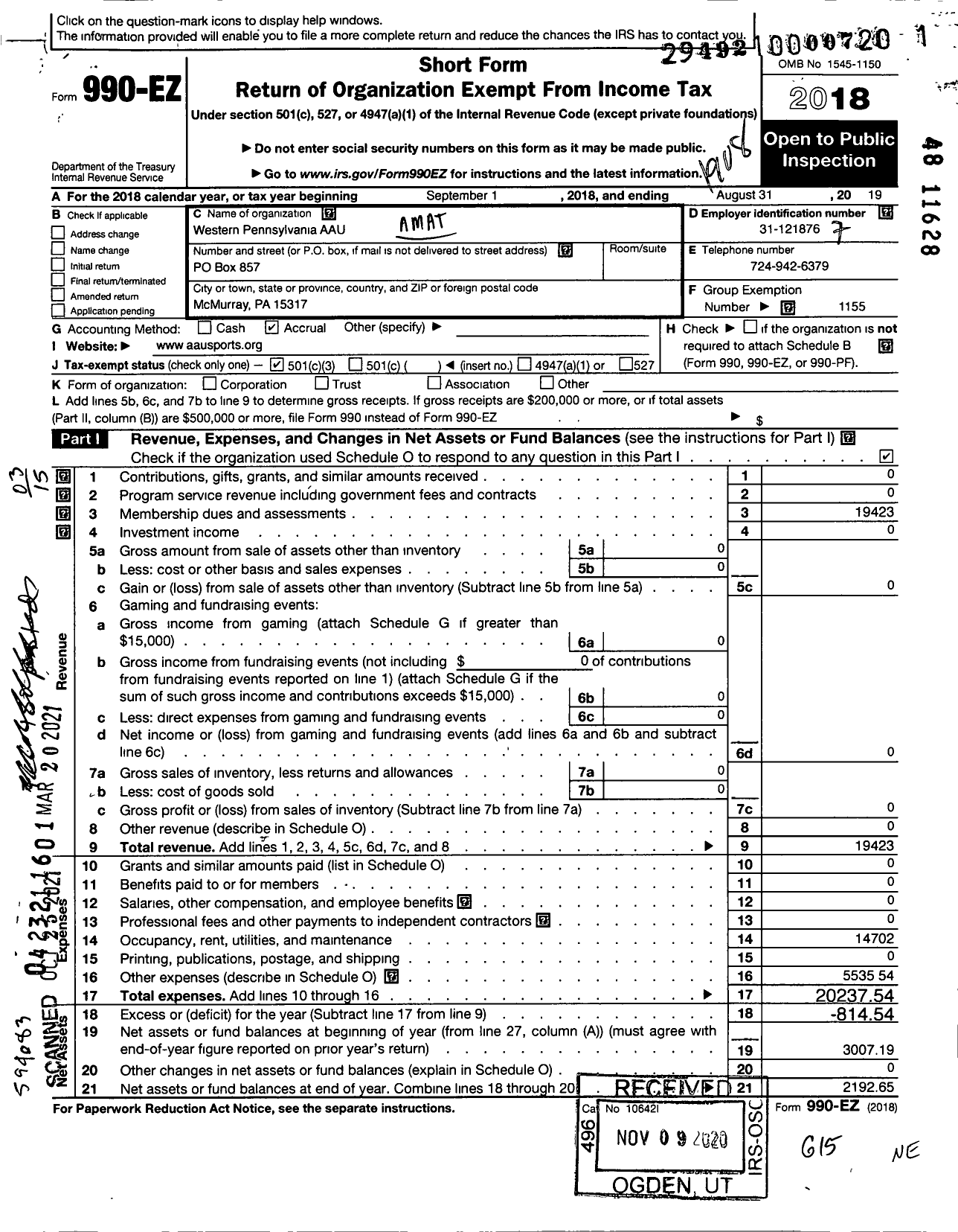 Image of first page of 2018 Form 990EZ for Amateur Athletic Union - Western Pennsylvania Aau