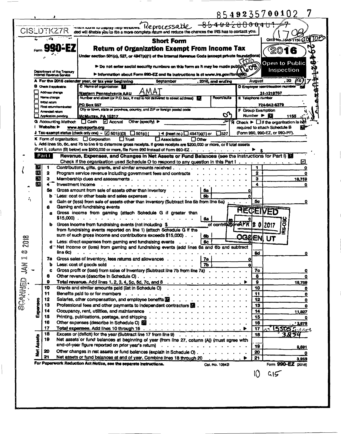 Image of first page of 2016 Form 990EZ for Amateur Athletic Union - Western Pennsylvania Aau