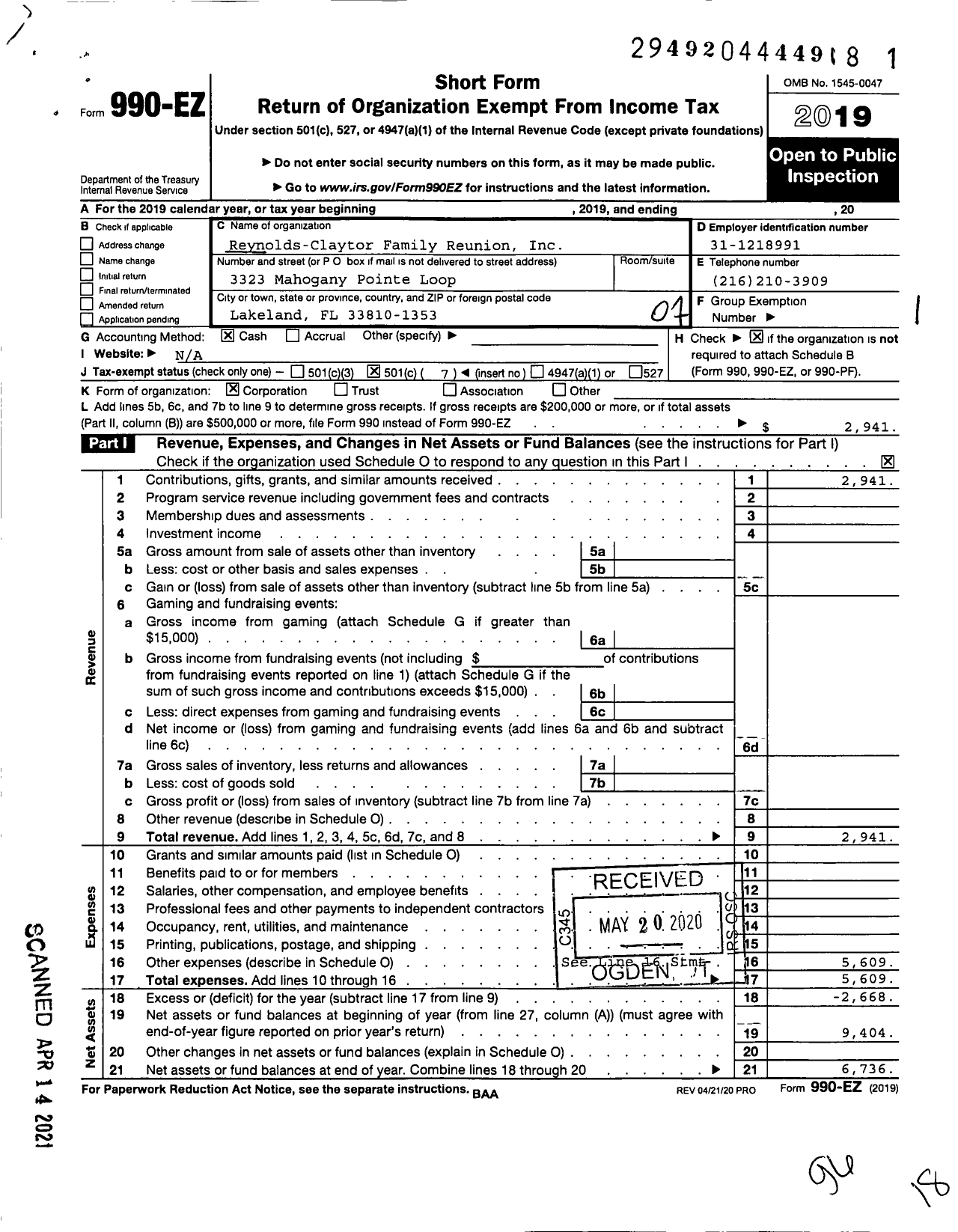 Image of first page of 2019 Form 990EO for Reynolds-Claytor Family Reunion