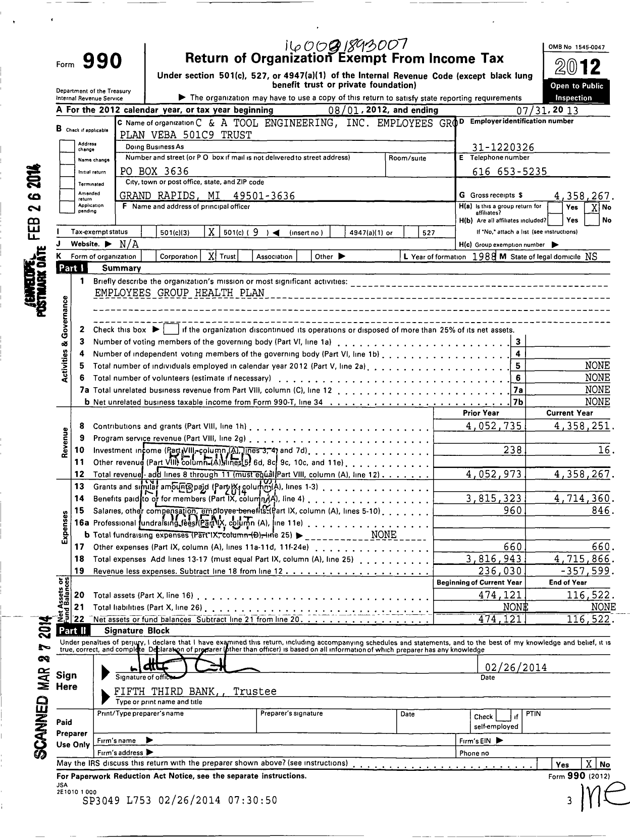 Image of first page of 2012 Form 990O for C and A Tool Engineering Employees Group Plan 501 C 9 Trust