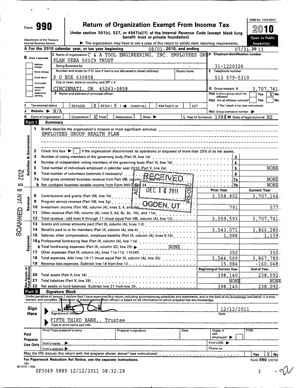 Image of first page of 2010 Form 990O for C and A Tool Engineering Employees Group Plan 501 C 9 Trust