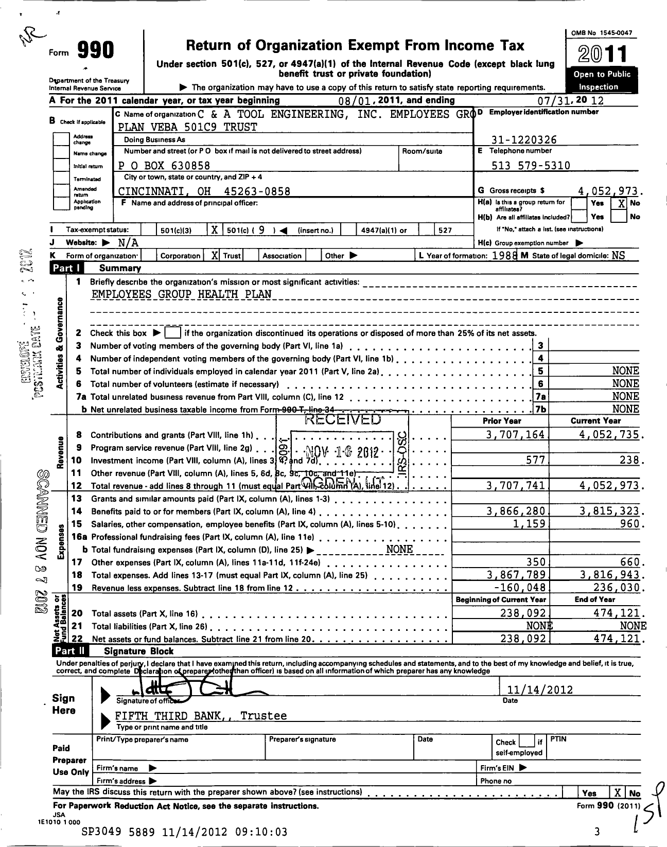 Image of first page of 2011 Form 990O for C and A Tool Engineering Employees Group Plan 501 C 9 Trust