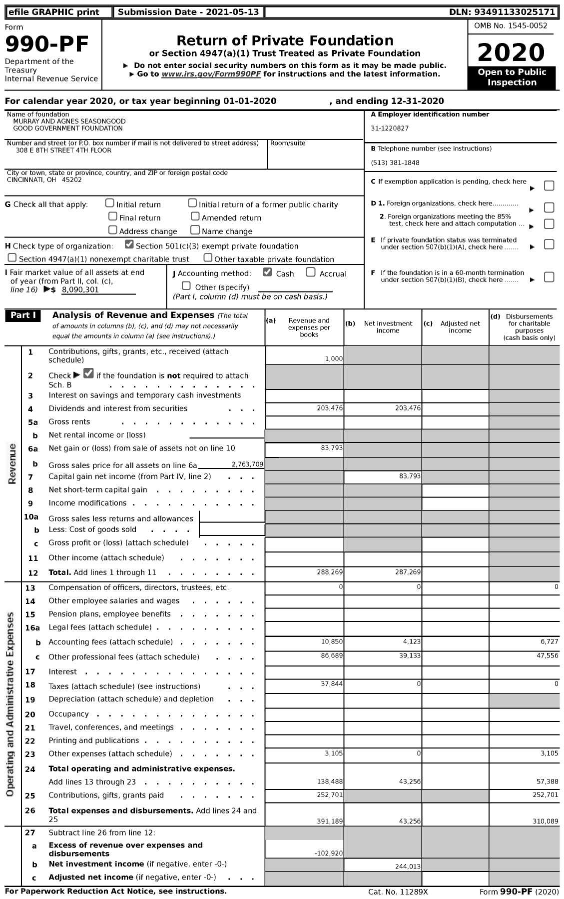 Image of first page of 2020 Form 990PF for Murray and Agnes Seasongood Good Government Foundation