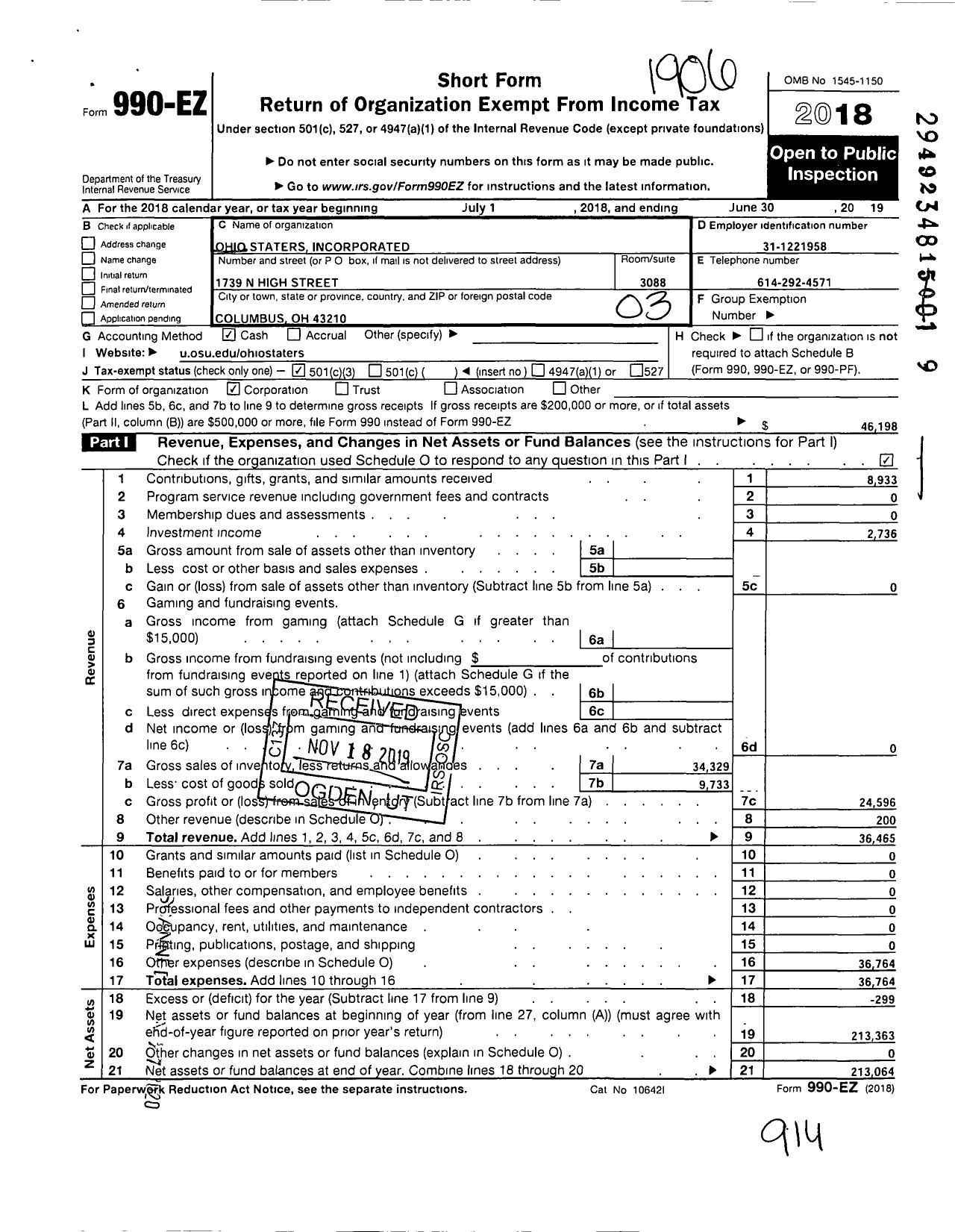 Image of first page of 2018 Form 990EZ for Ohio Staters Incorporated