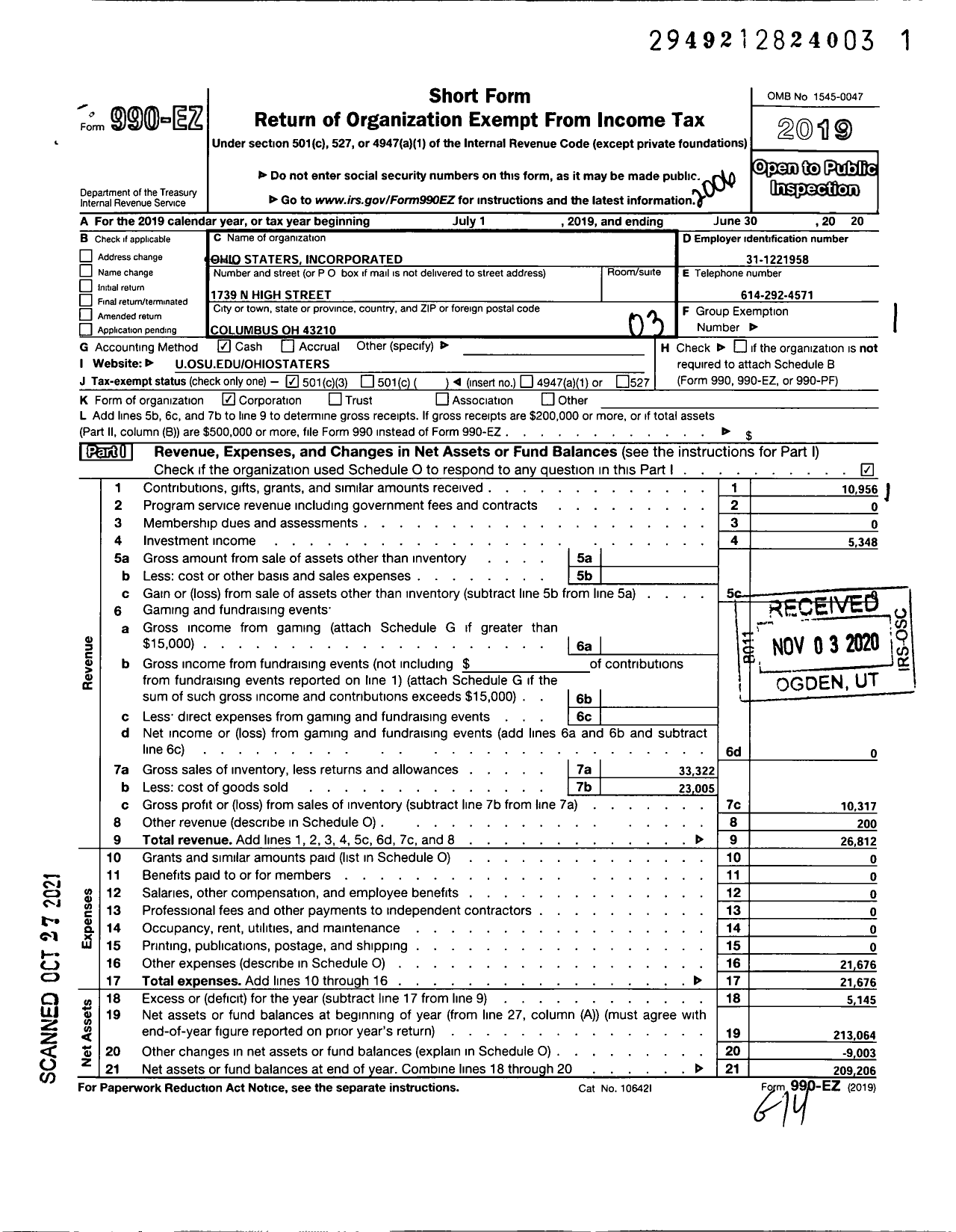 Image of first page of 2019 Form 990EZ for Ohio Staters Incorporated