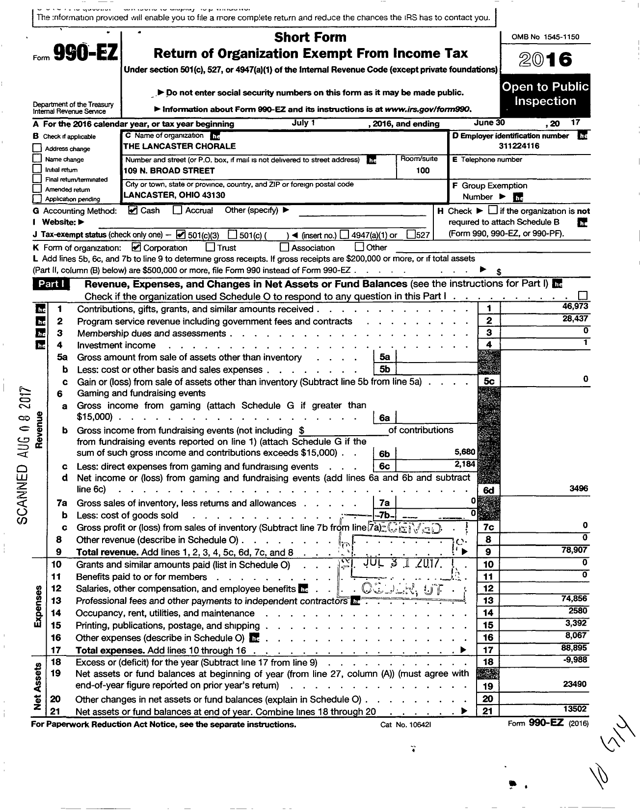 Image of first page of 2016 Form 990EZ for lancasterchoralecom