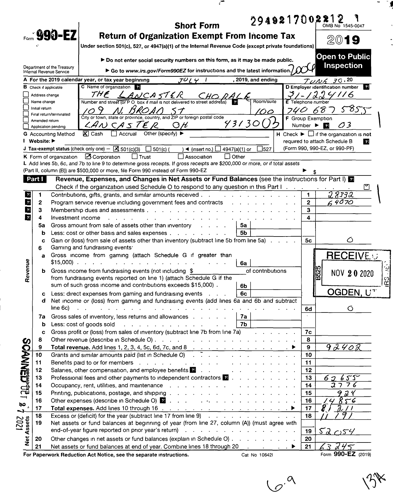 Image of first page of 2019 Form 990EZ for lancasterchoralecom