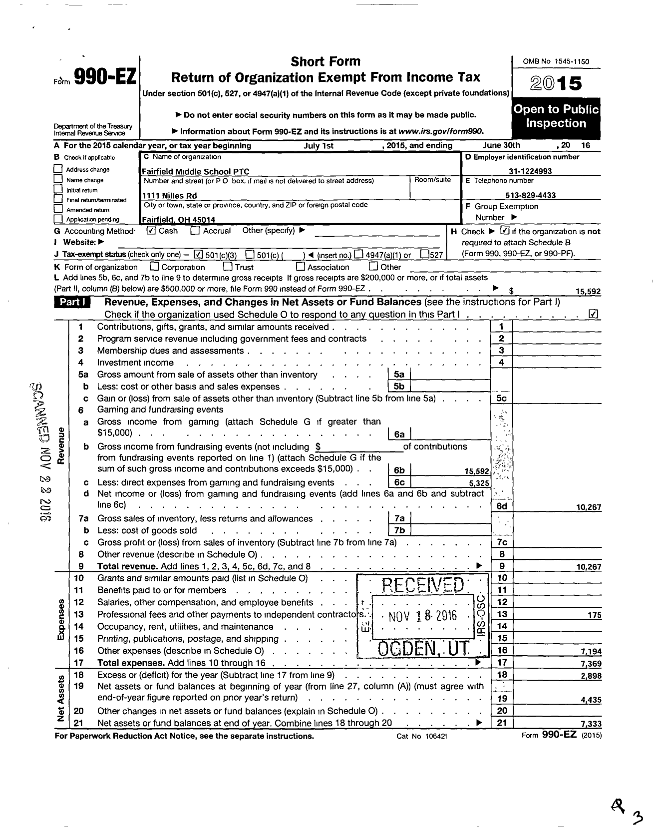 Image of first page of 2015 Form 990EZ for Fairfield Middle School PTC