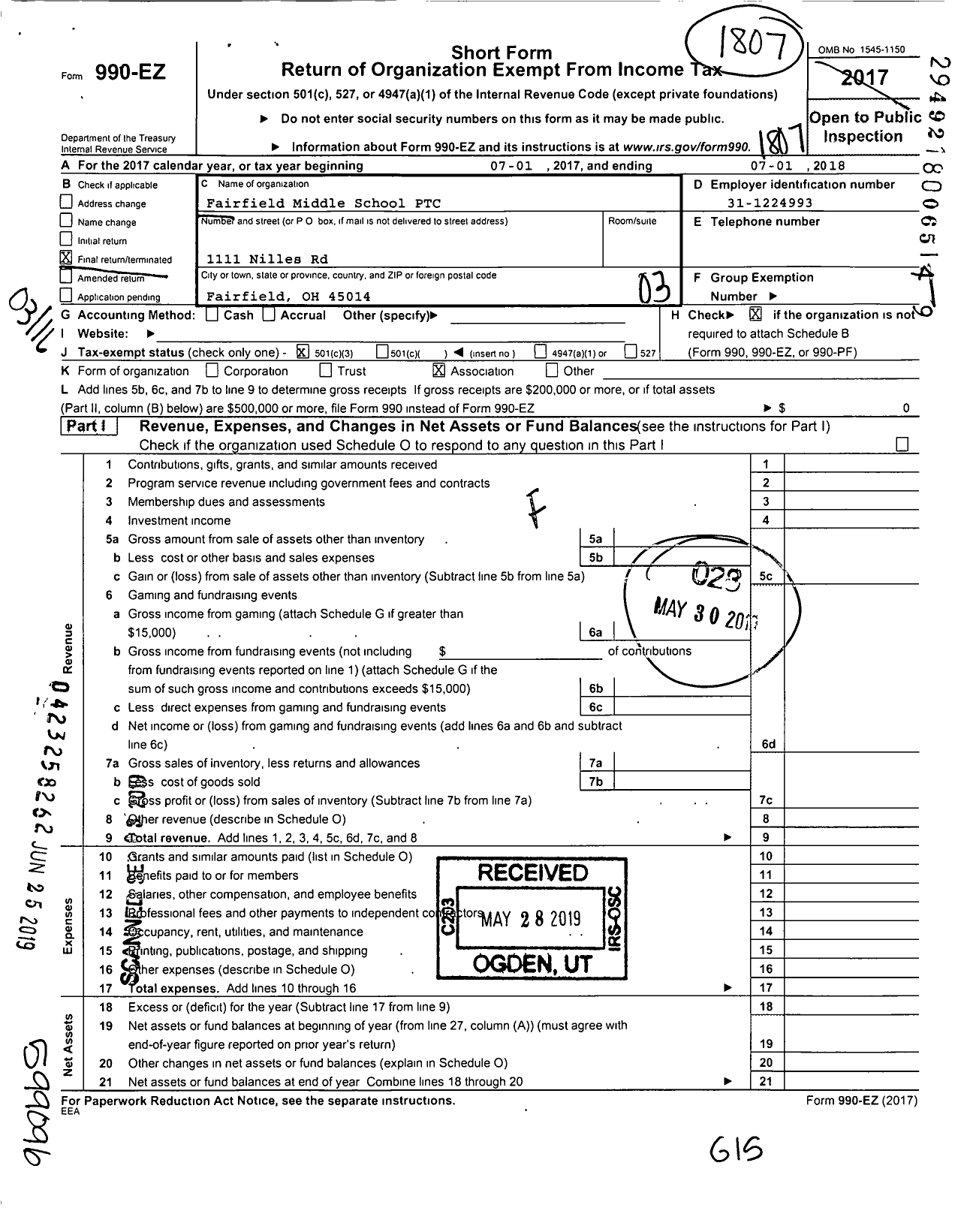 Image of first page of 2017 Form 990EZ for Fairfield Middle School PTC