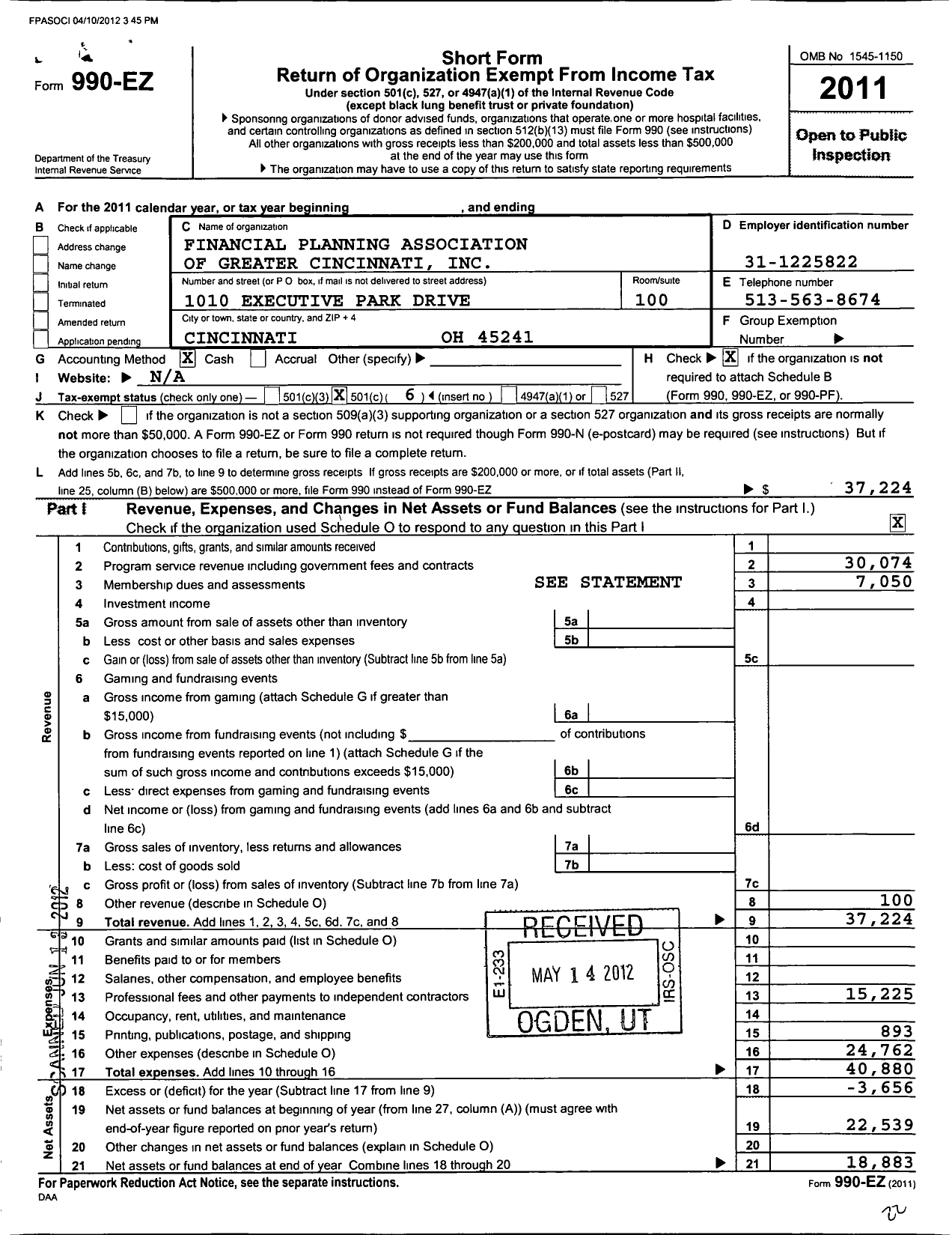 Image of first page of 2011 Form 990EO for Financial Planning Association / Fpa of Southwestern Ohio
