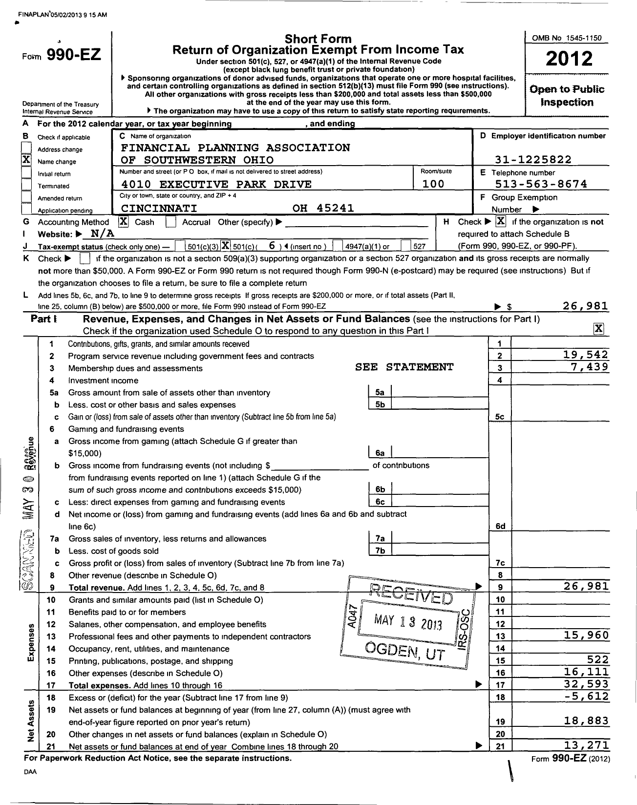 Image of first page of 2012 Form 990EO for Financial Planning Association / Fpa of Southwestern Ohio