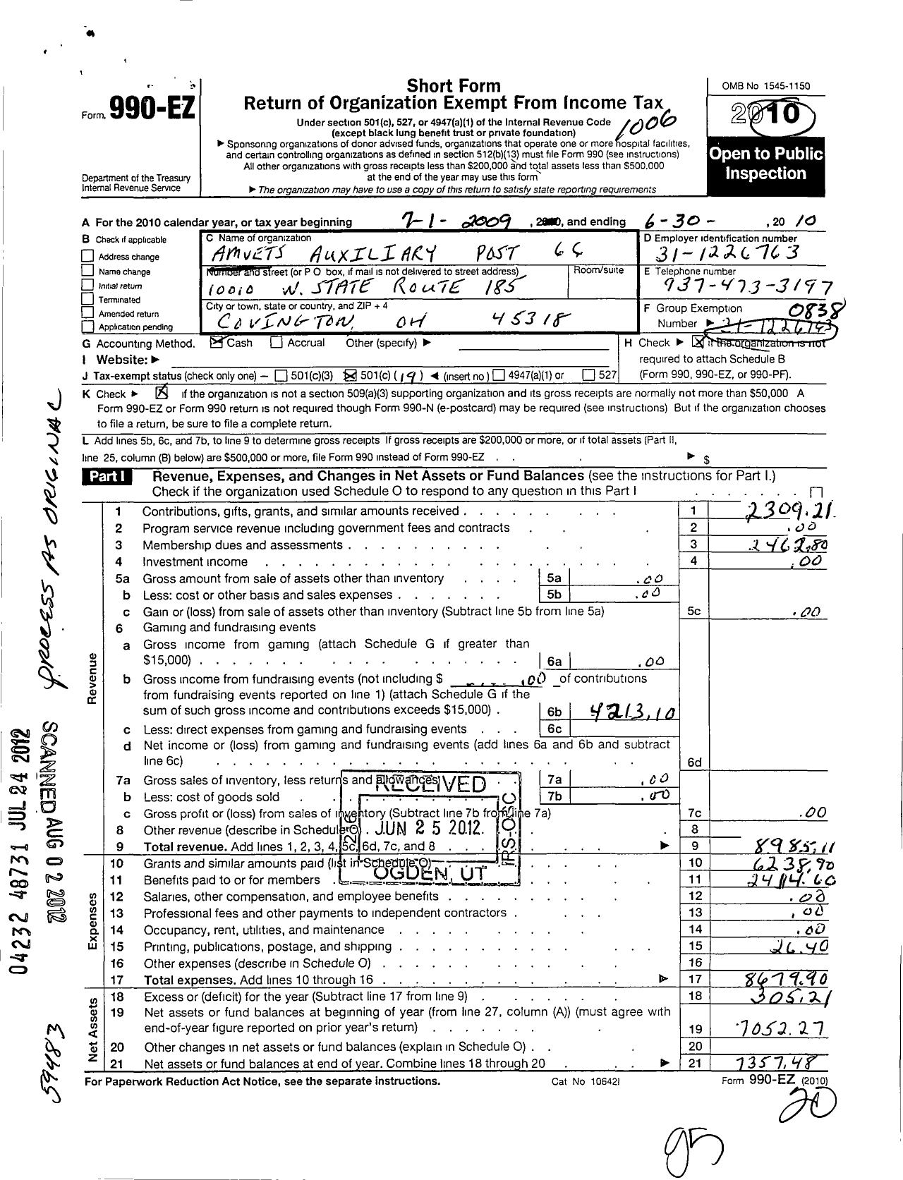 Image of first page of 2009 Form 990EO for Amvets - 66