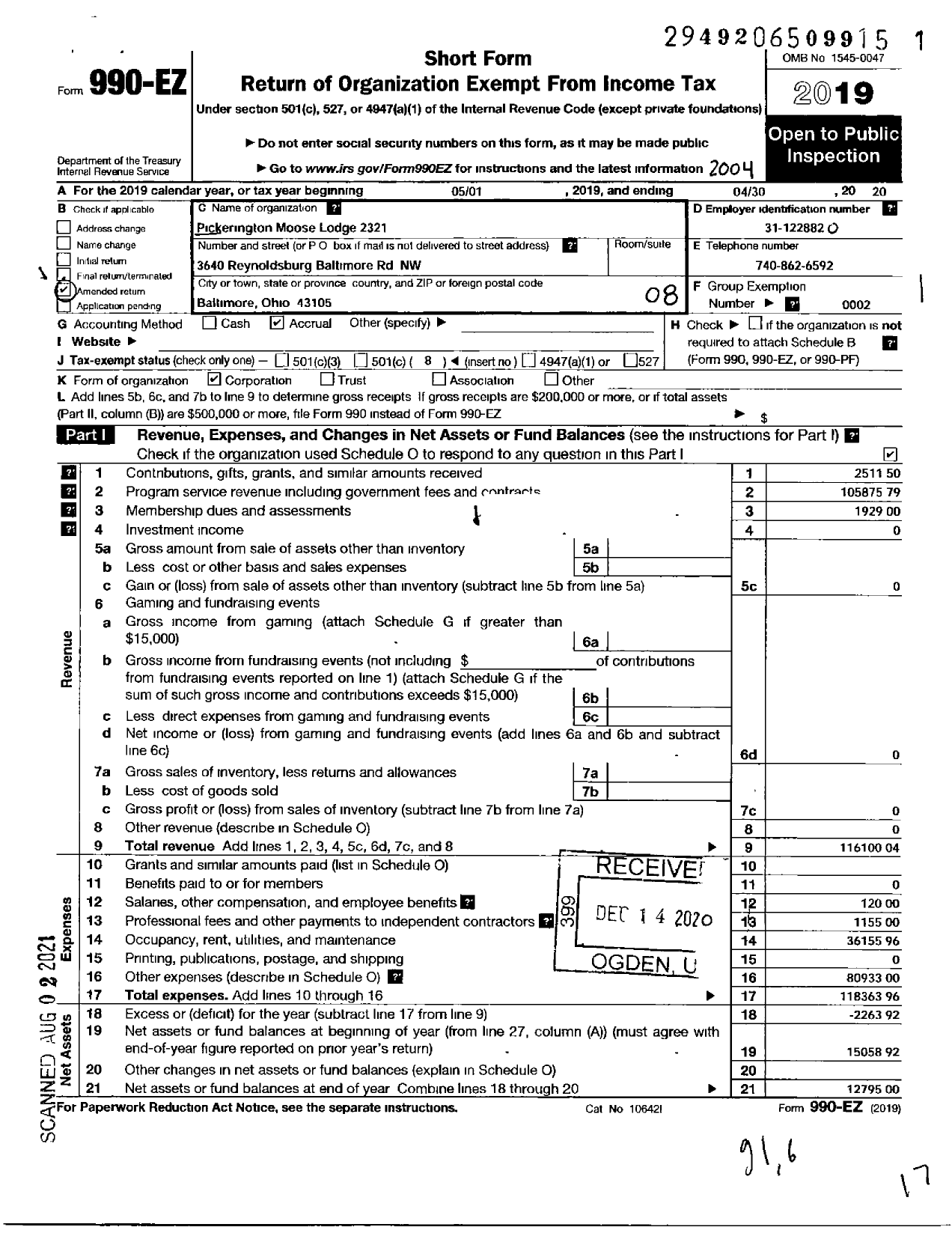 Image of first page of 2019 Form 990EO for Loyal Order of Moose - 2321