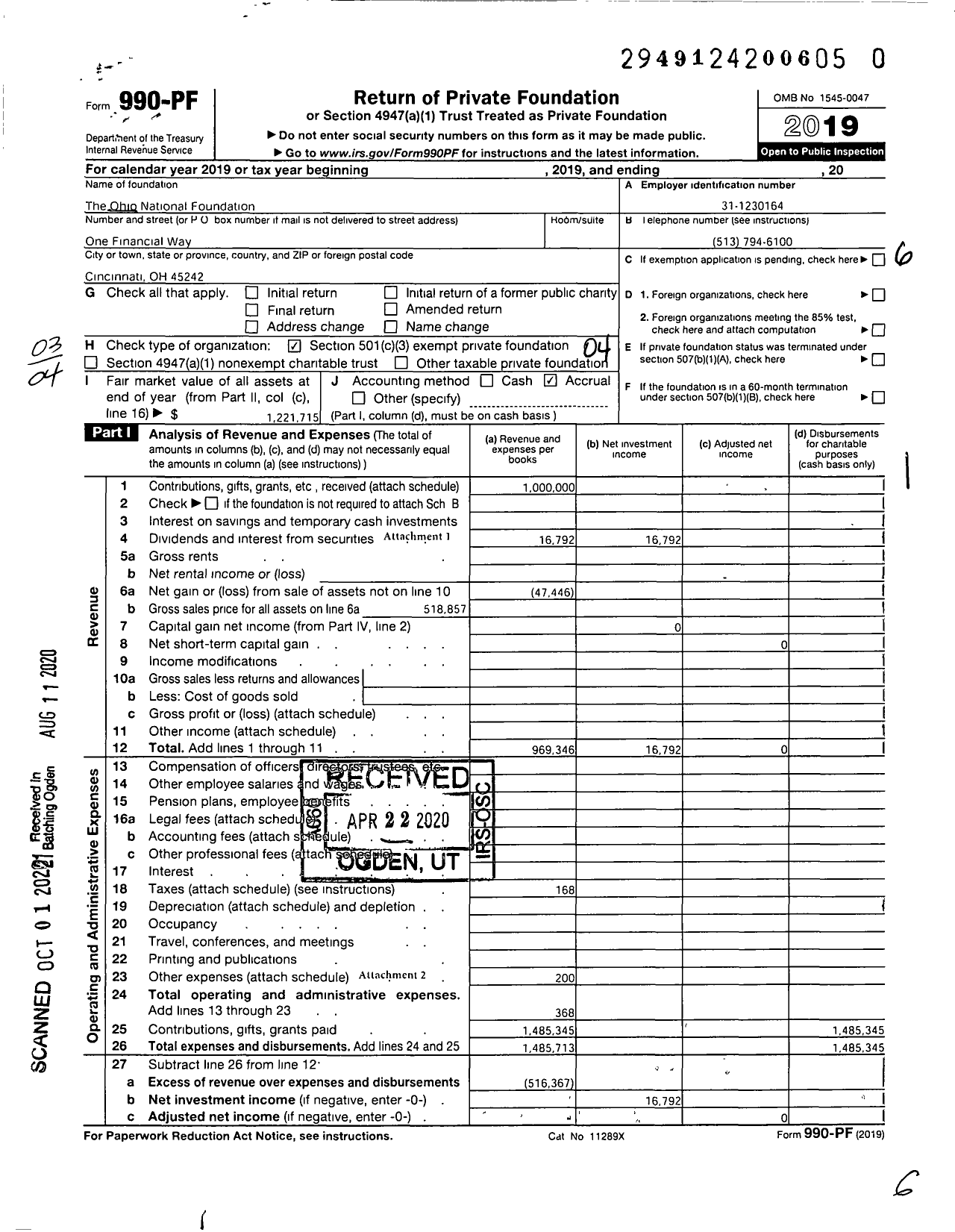 Image of first page of 2019 Form 990PR for Ohio National Foundation