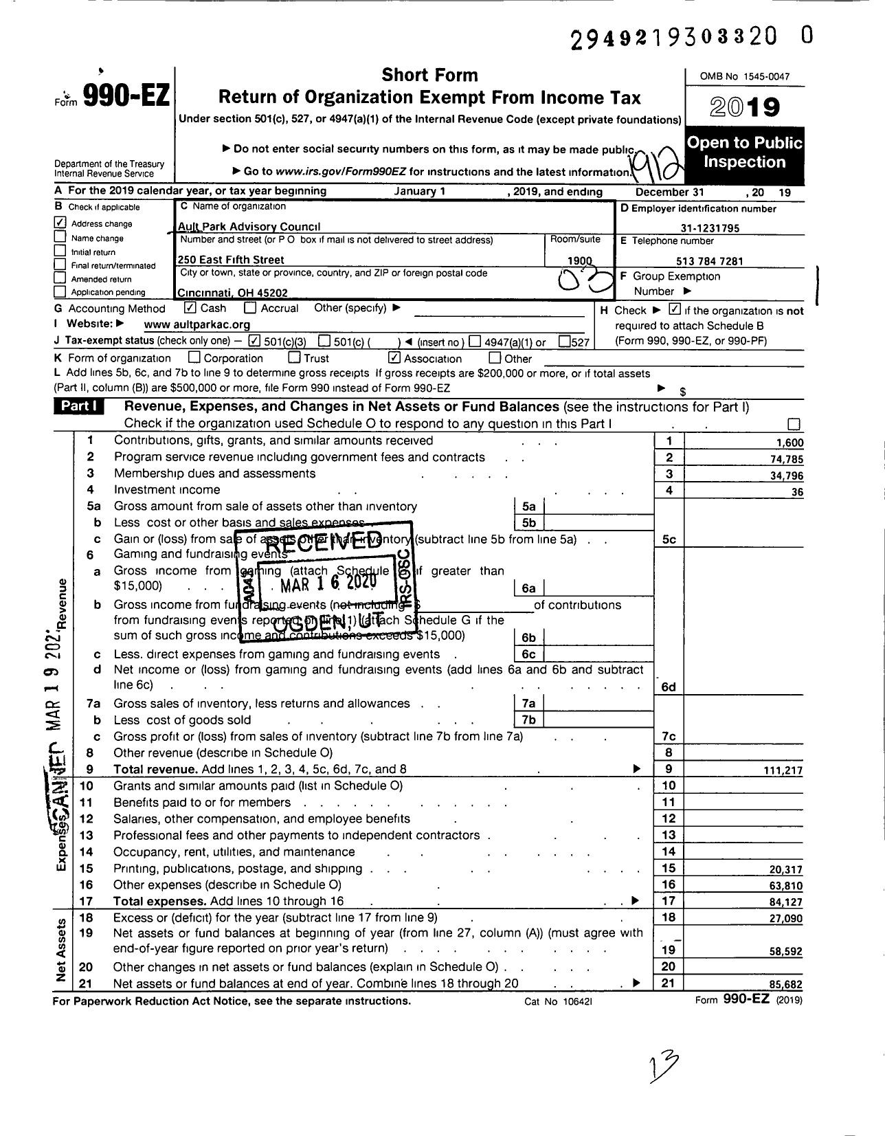 Image of first page of 2019 Form 990EZ for Ault Park Advisory Council